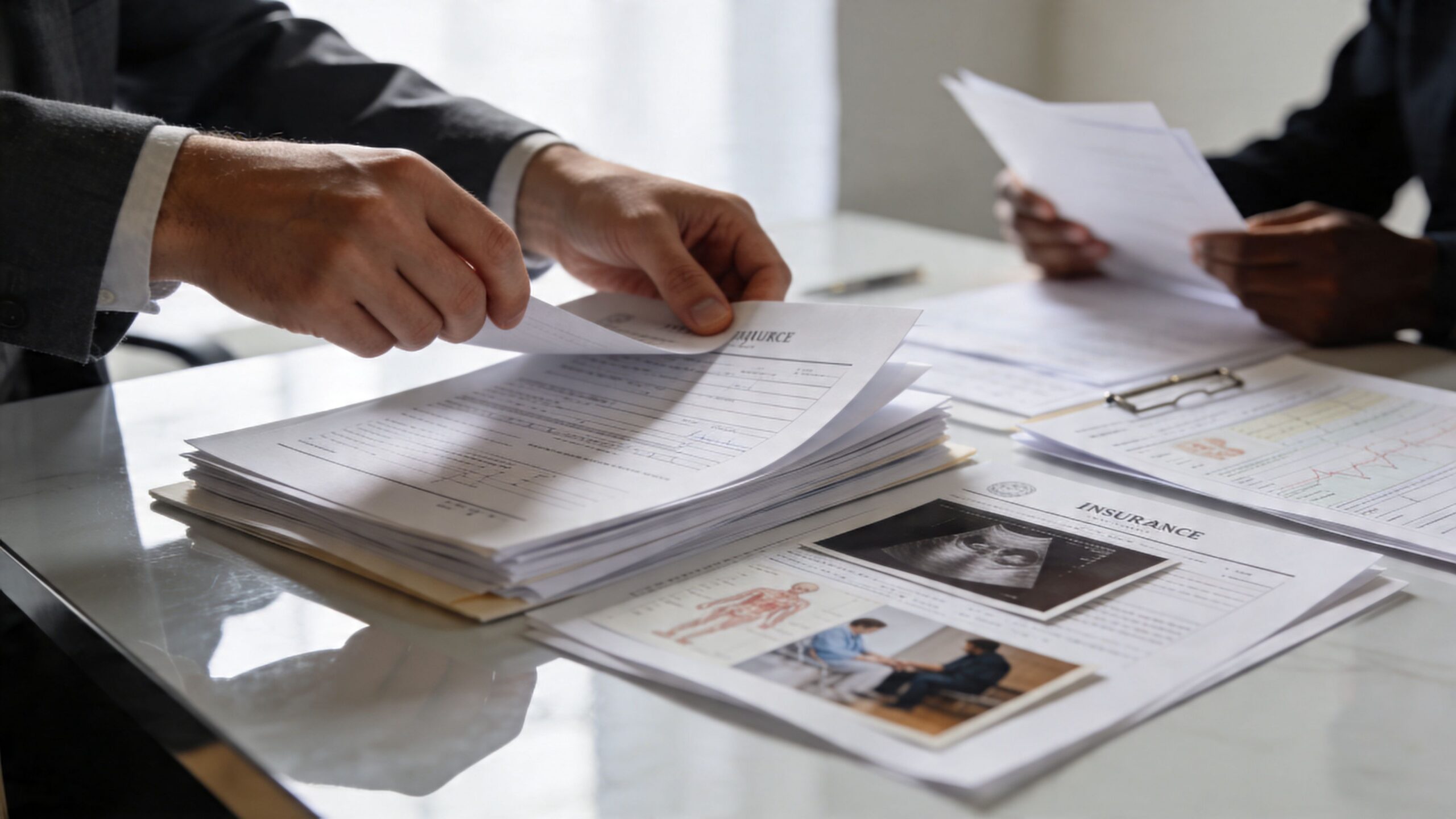 A professional insurance agent and client reviewing medical records and personal injury documents at an office desk.