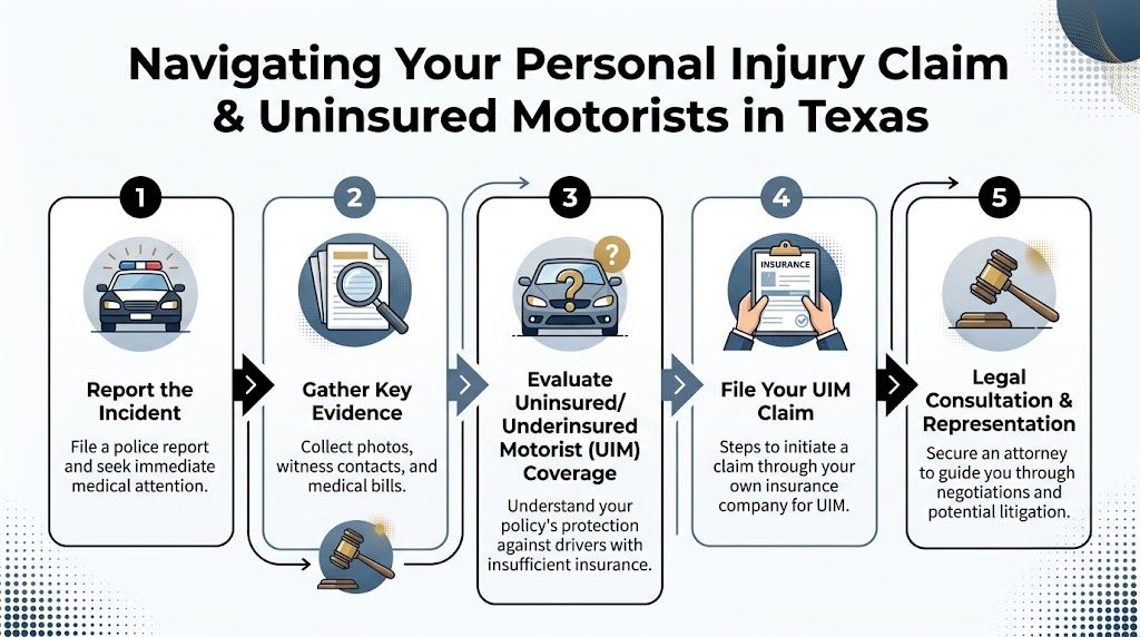 A five-step infographic showing the legal process for navigating a personal injury and uninsured motorist claim in Texas.