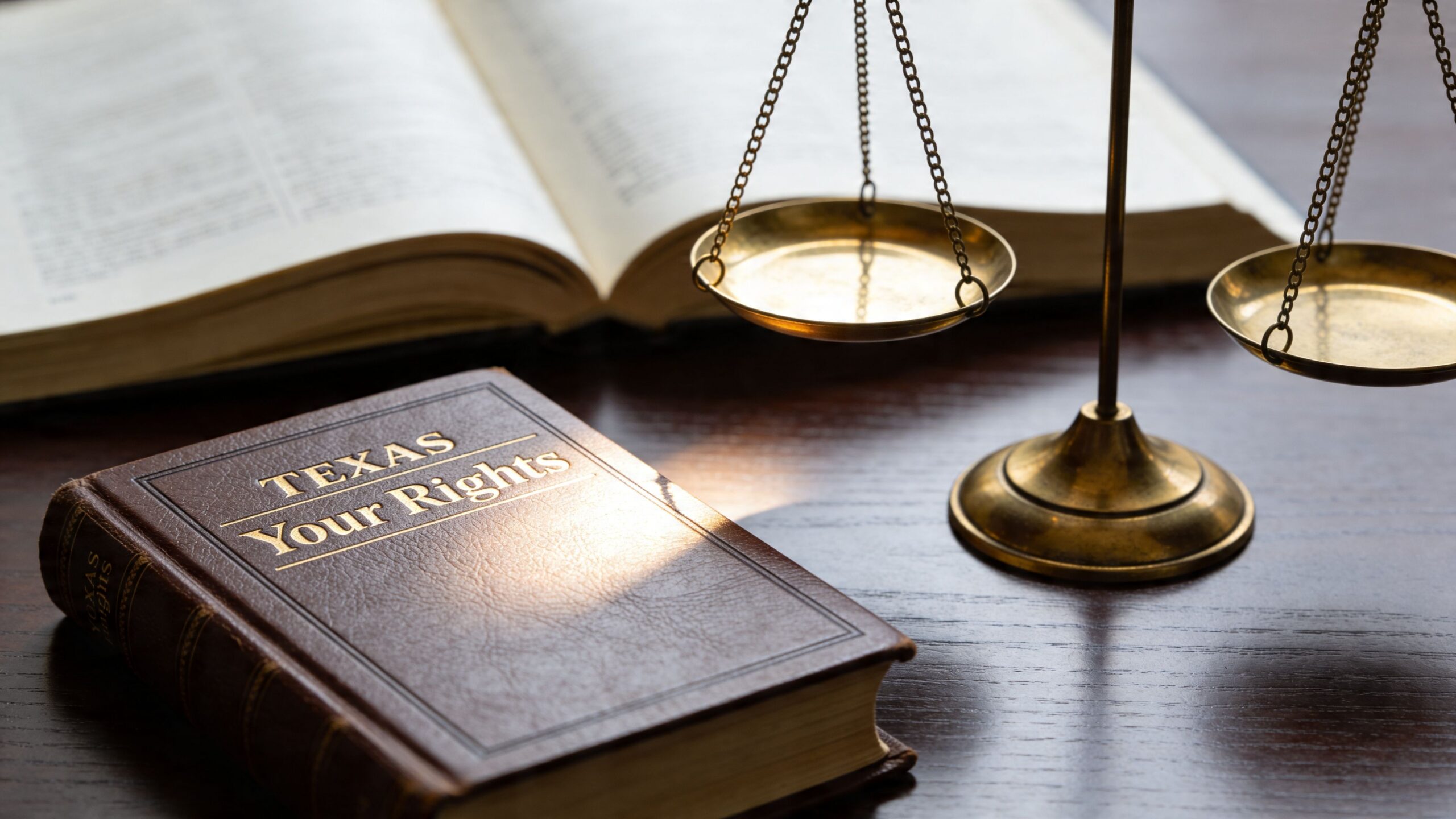 A leather-bound Texas legal reference book with a gold scale of justice on a wooden desk.