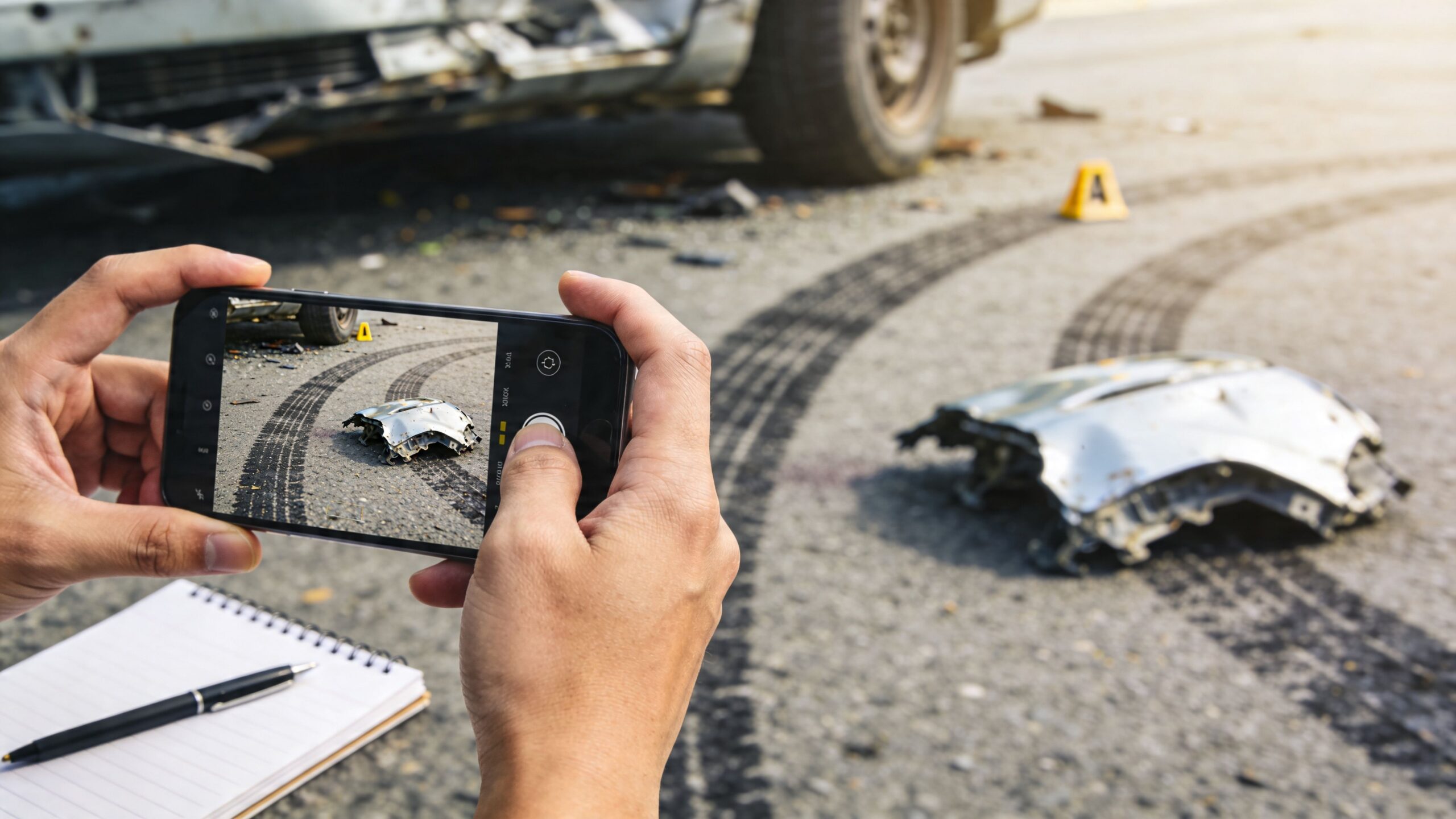 A person documenting a car accident scene with a smartphone, capturing damaged car parts and skid marks.
