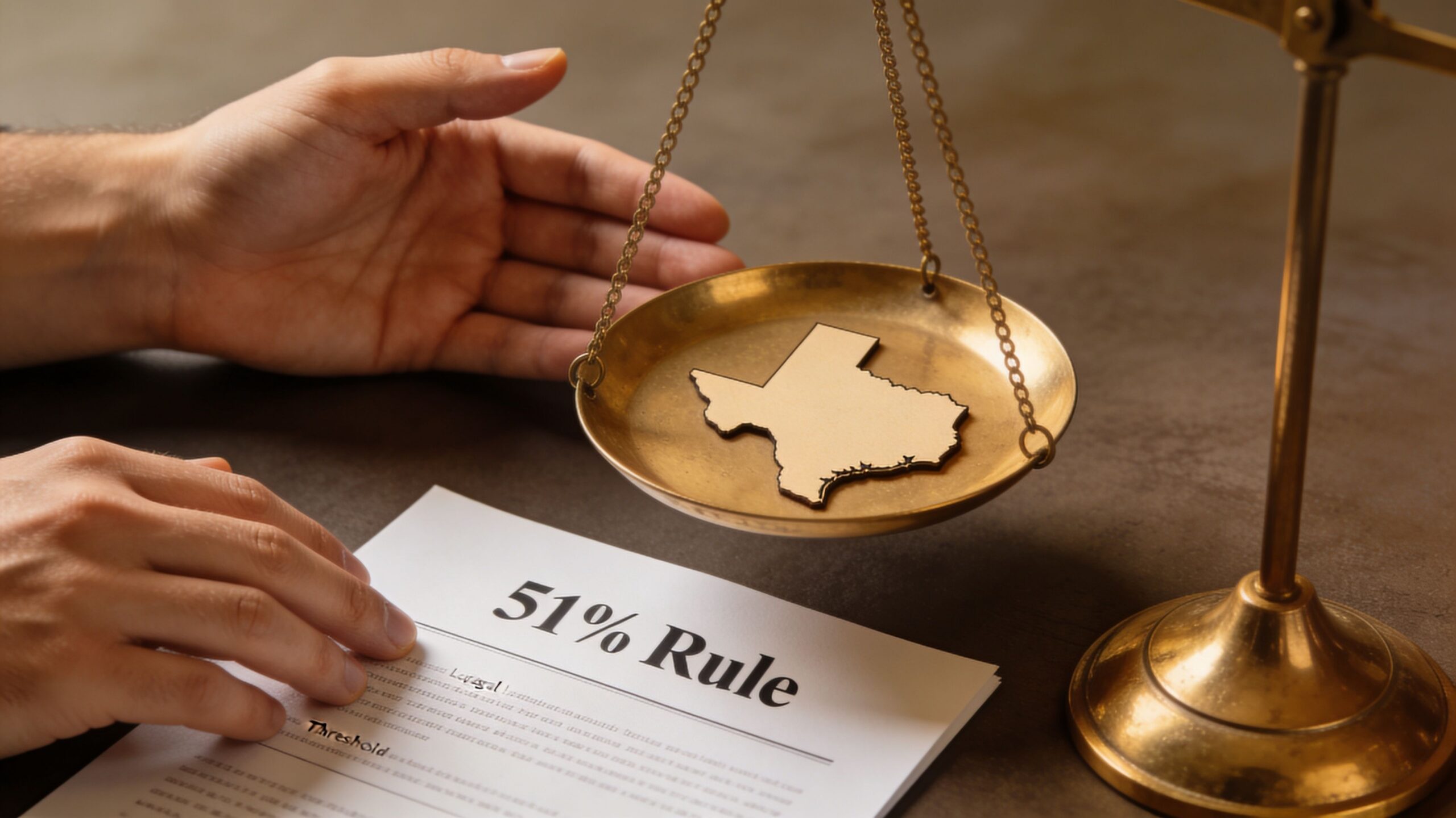 A person reviewing legal paperwork titled 51% Rule next to a scale featuring a Texas state map.