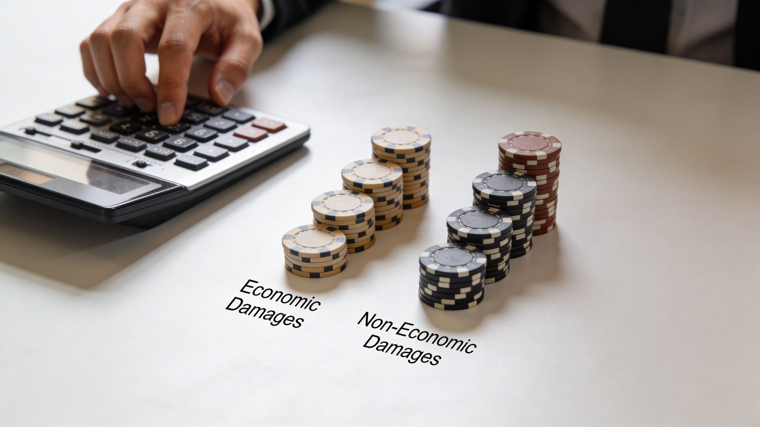 A person using a calculator next to stacks of poker chips representing economic and non-economic damages.
