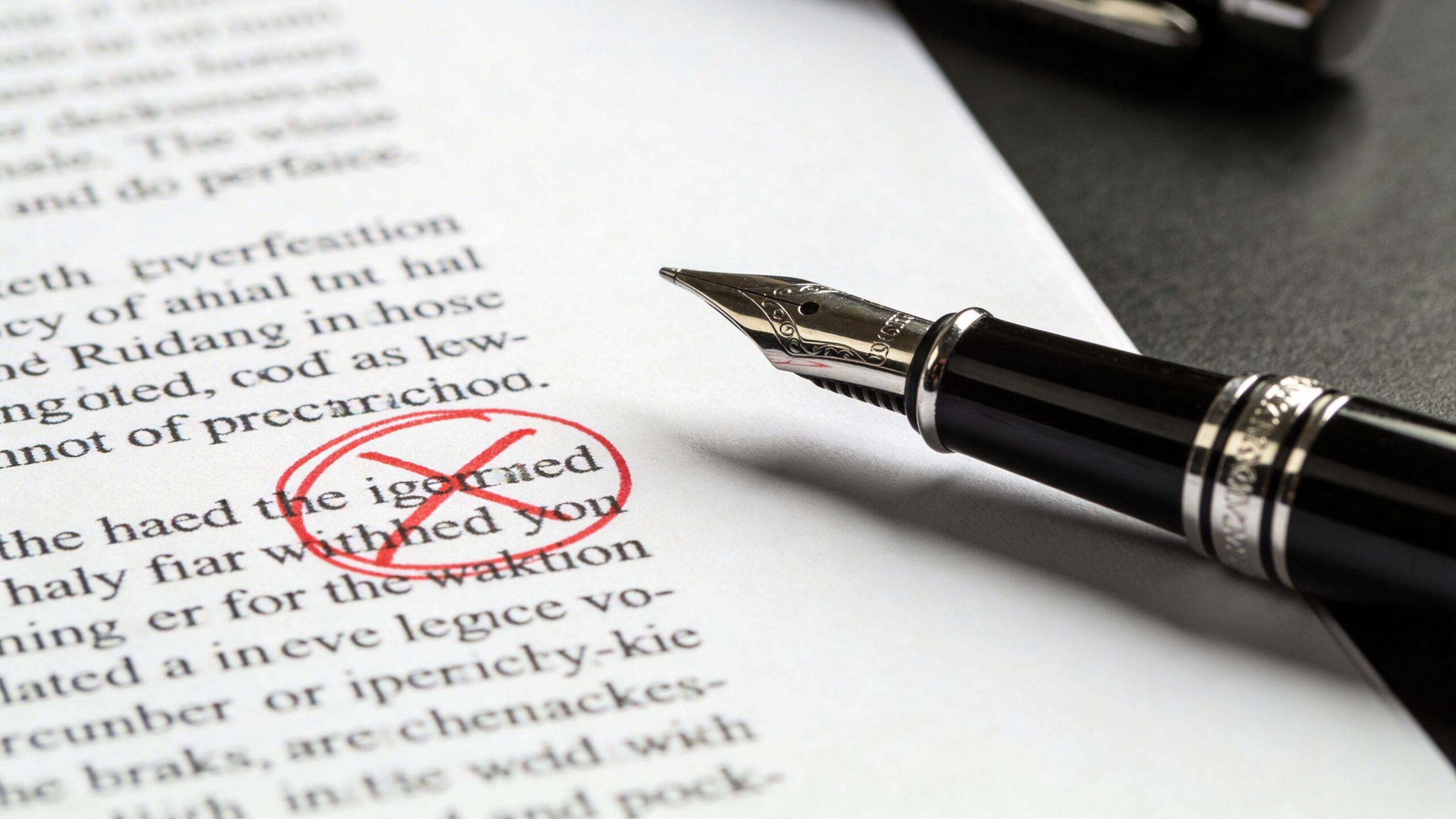 A luxury fountain pen resting on a document with a circled and crossed out text section.