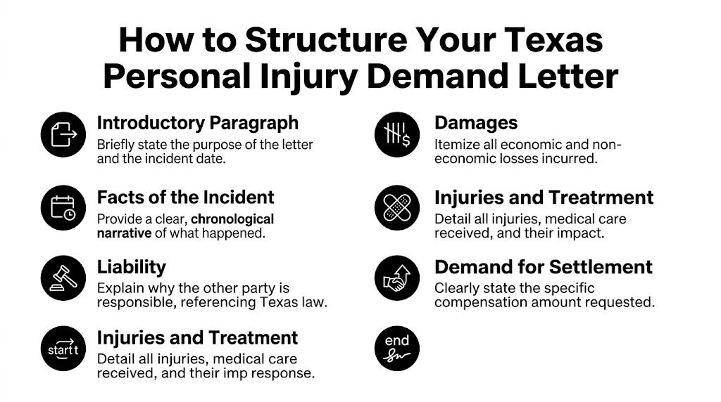 An infographic titled How to Structure Your Texas Personal Injury Demand Letter listing essential document components.