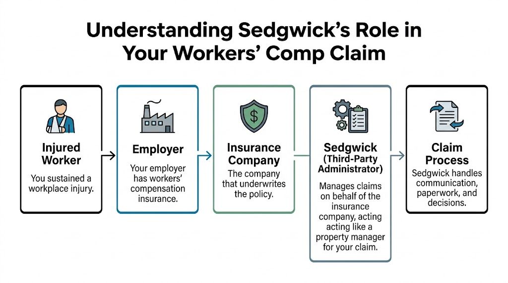 A flow chart illustrating the workers' compensation claims process involving the injured worker, employer, insurance company, and Sedgwick.