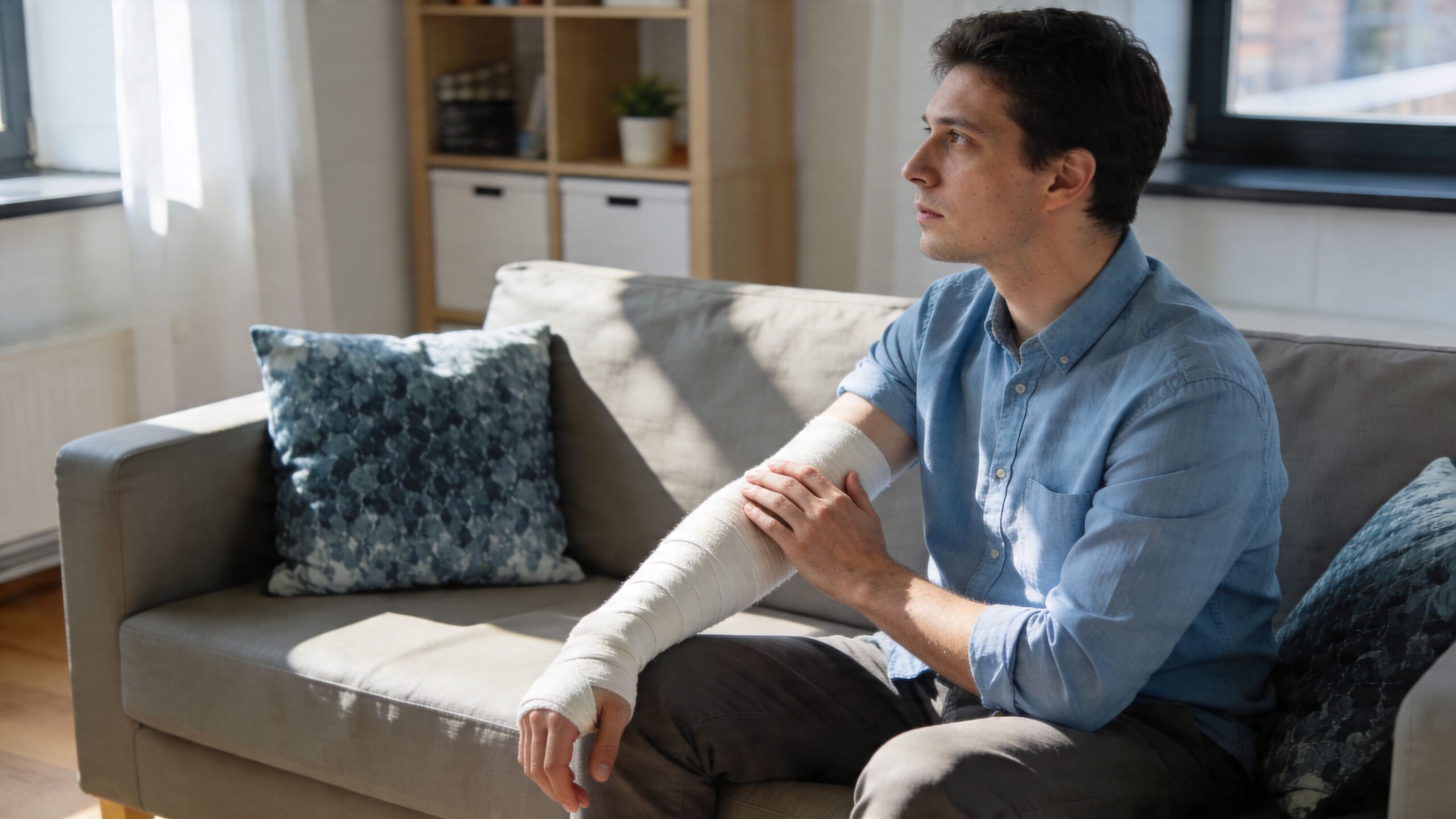 A young man sitting on a sofa looking thoughtful with his injured arm wrapped in a bandage.