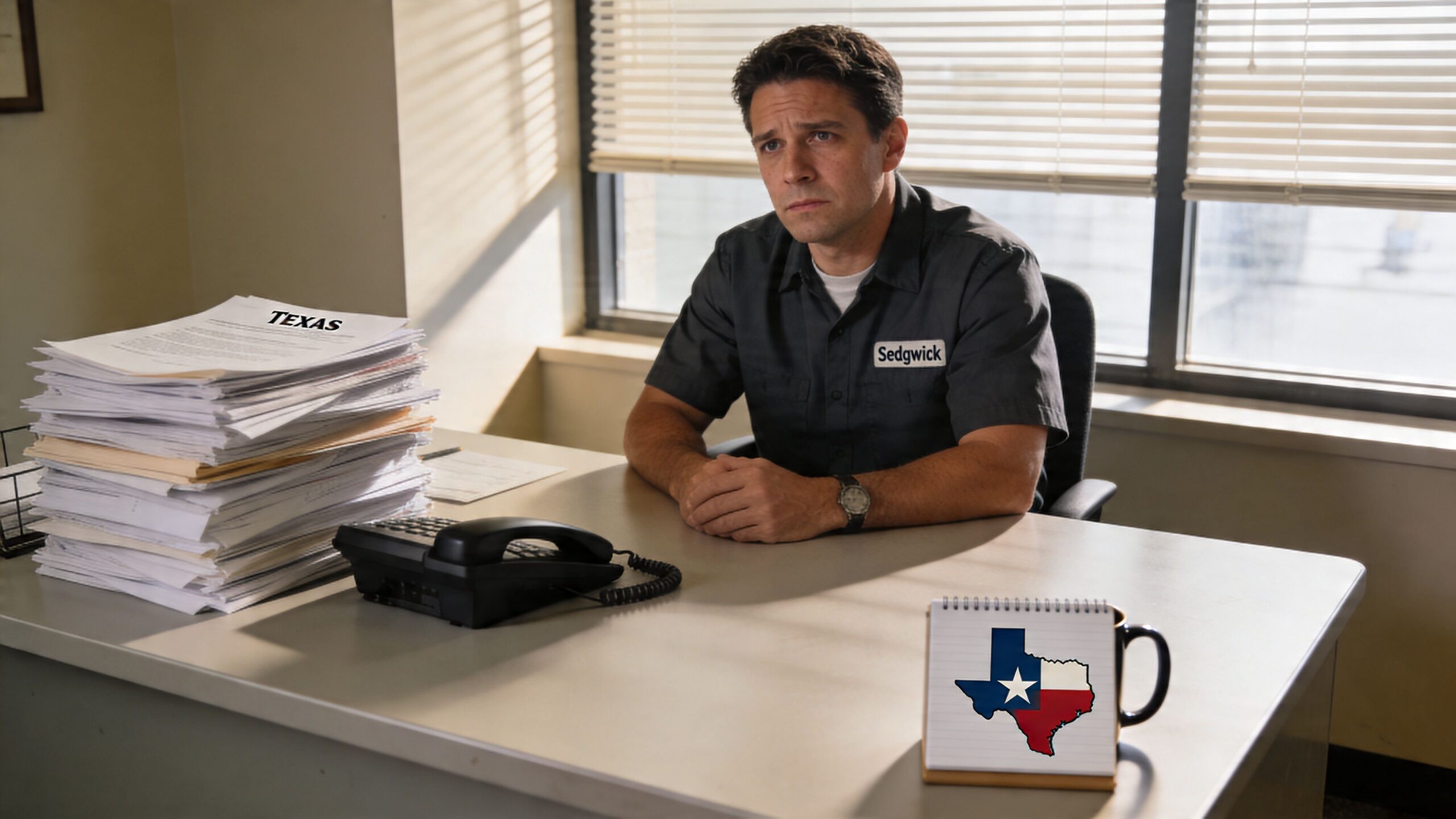 A man wearing a Sedgwick work shirt sits at an office desk with Texas documents and decor.