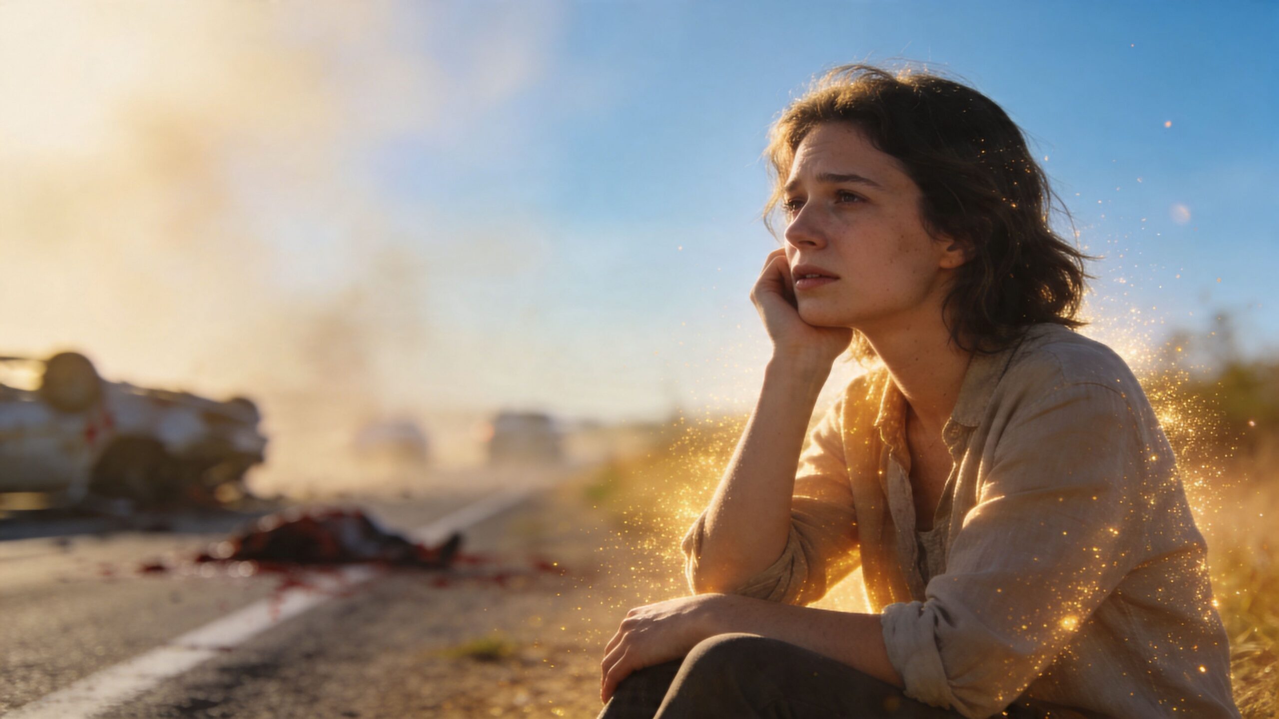 A sorrowful woman sitting by a road with a car accident and emergency vehicle in the background.