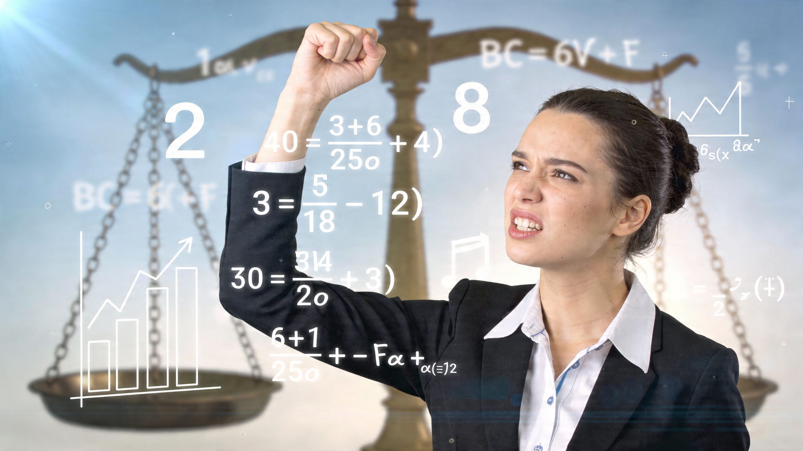 A businesswoman showing a determined expression while standing in front of a scales of justice background.