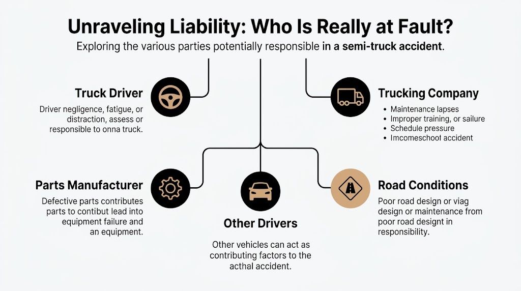 A diagram illustrating the various parties potentially liable for a semi-truck accident including drivers and manufacturers.