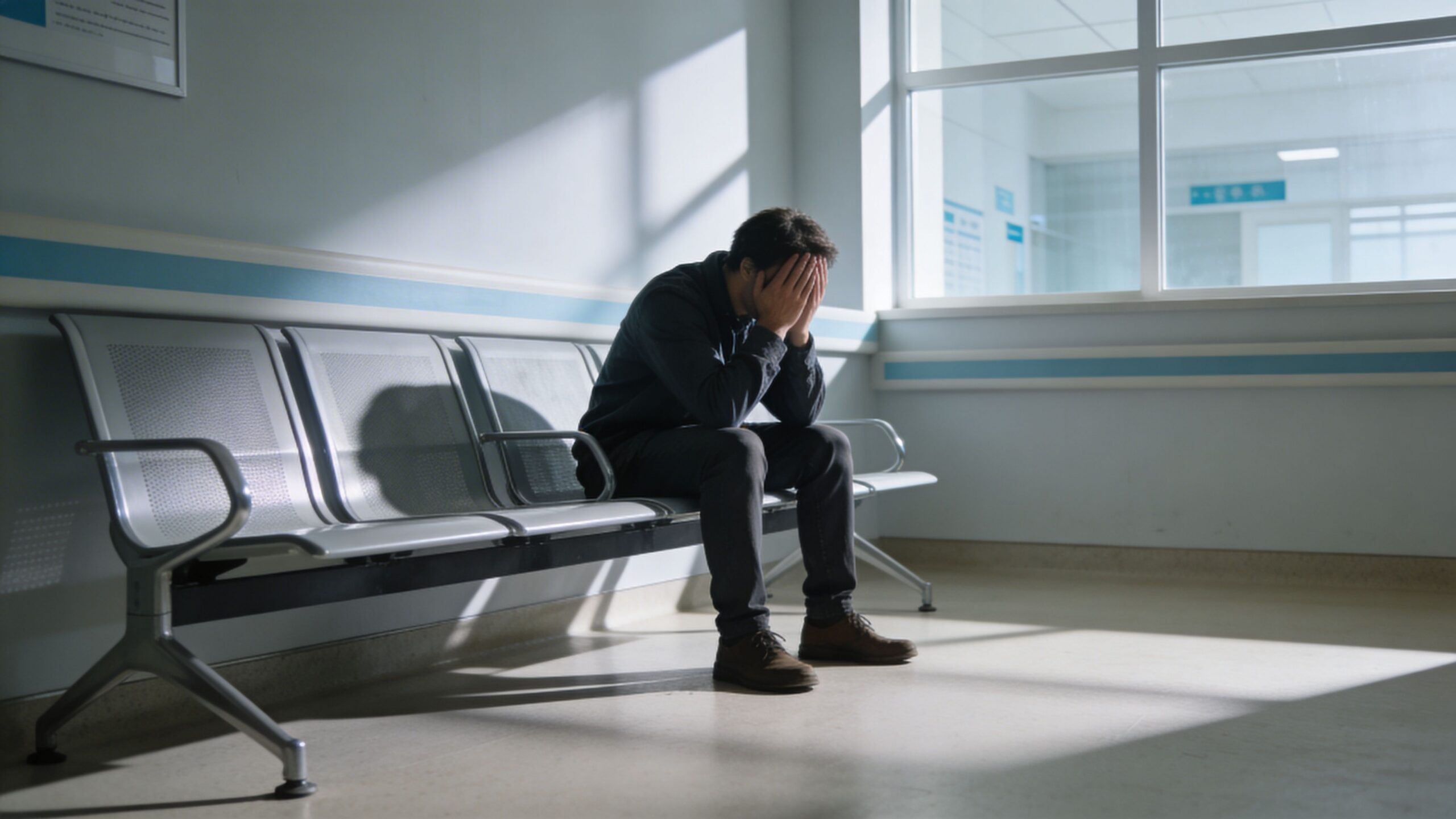 A distressed man sits alone on a hospital waiting room bench with his face in his hands.