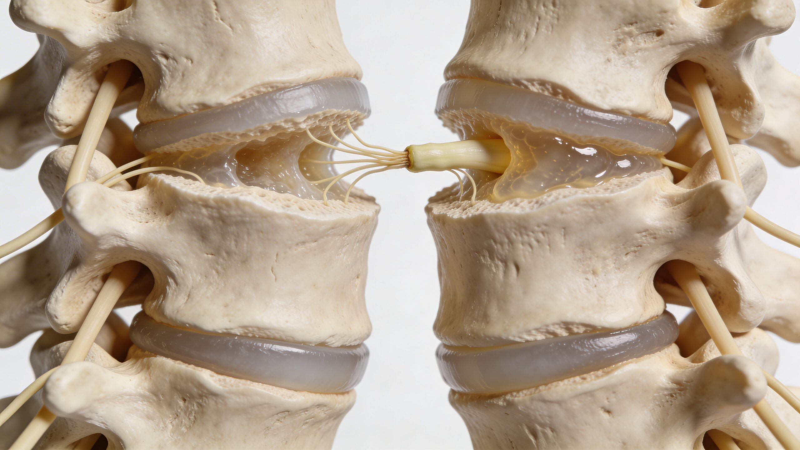 A 3D medical illustration showing a herniated spinal disc and nerves between human vertebral bones.
