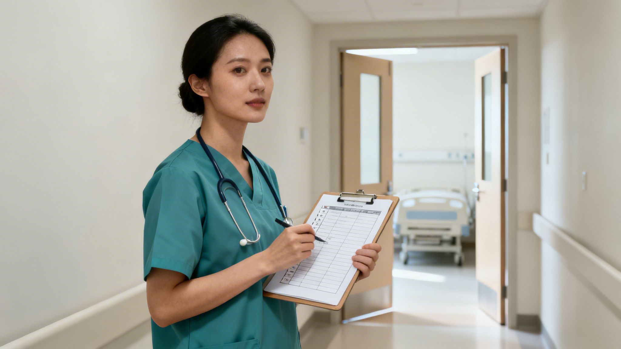 A focused female nurse in teal scrubs and a stethoscope holds a clipboard in a hospital hallway.