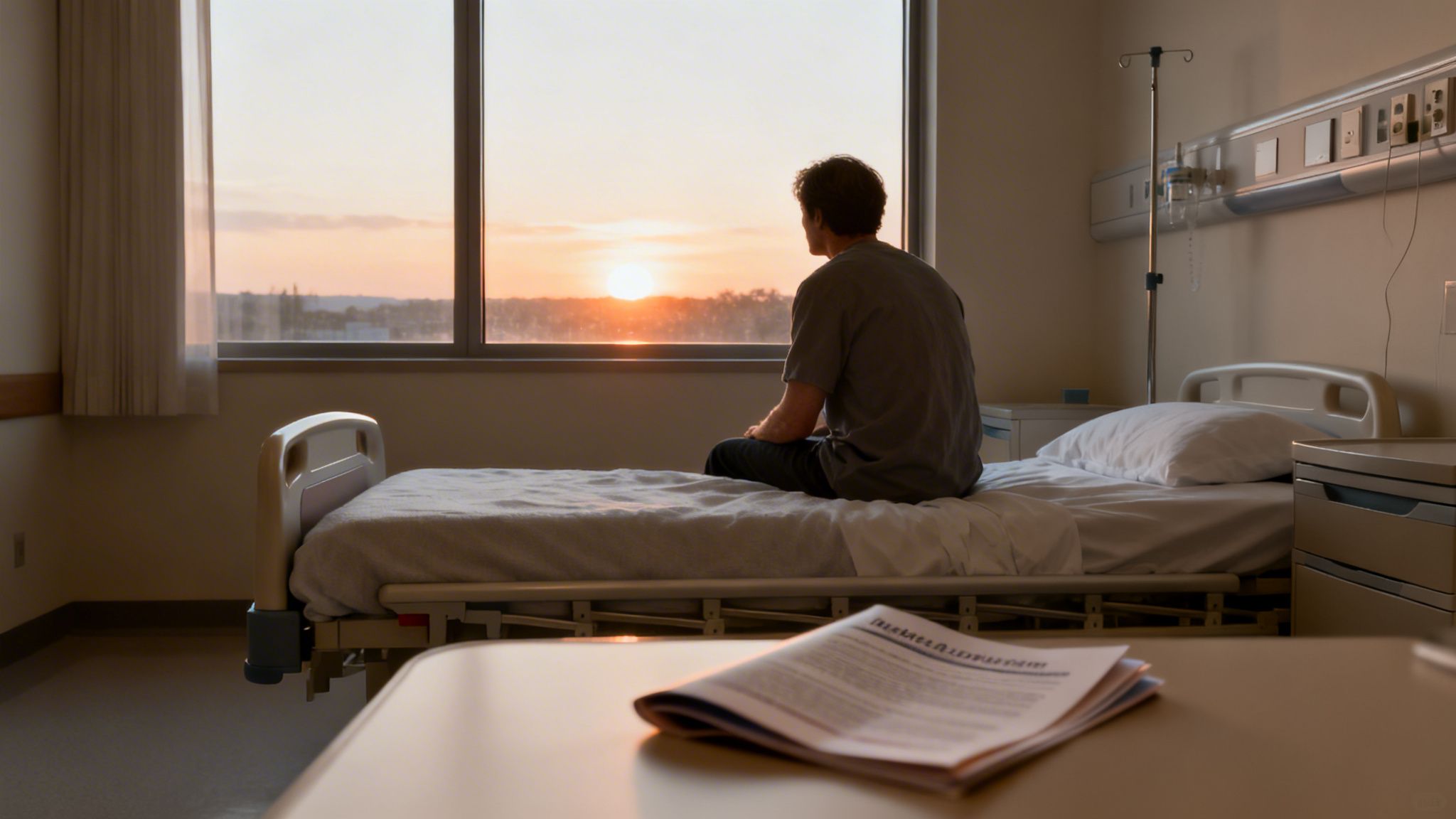 A man sits on a hospital bed, looking out a window at a beautiful sunset.