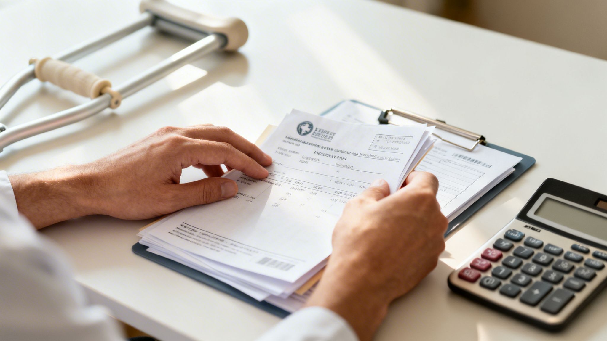 A person with a crutch reviews medical bills and a calculator, likely managing healthcare expenses.