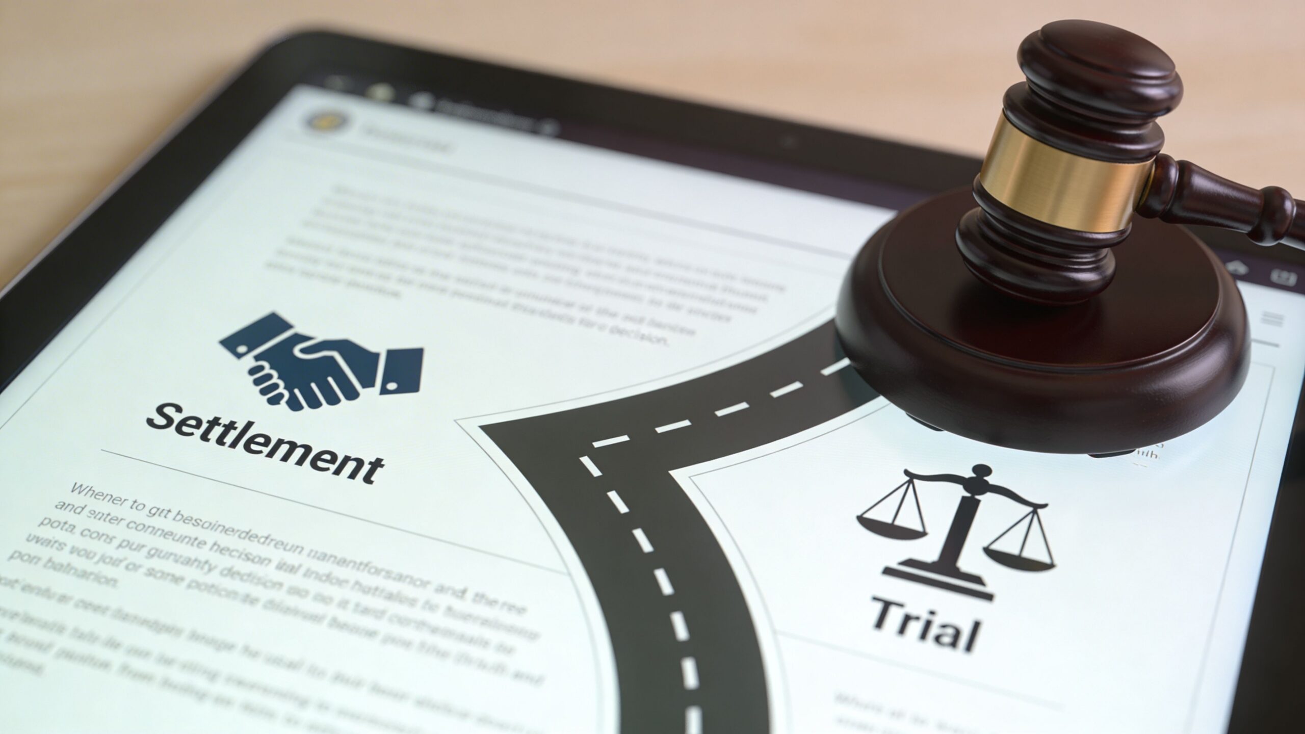 A wooden gavel rests on a digital tablet screen showing a path between legal settlement and trial.