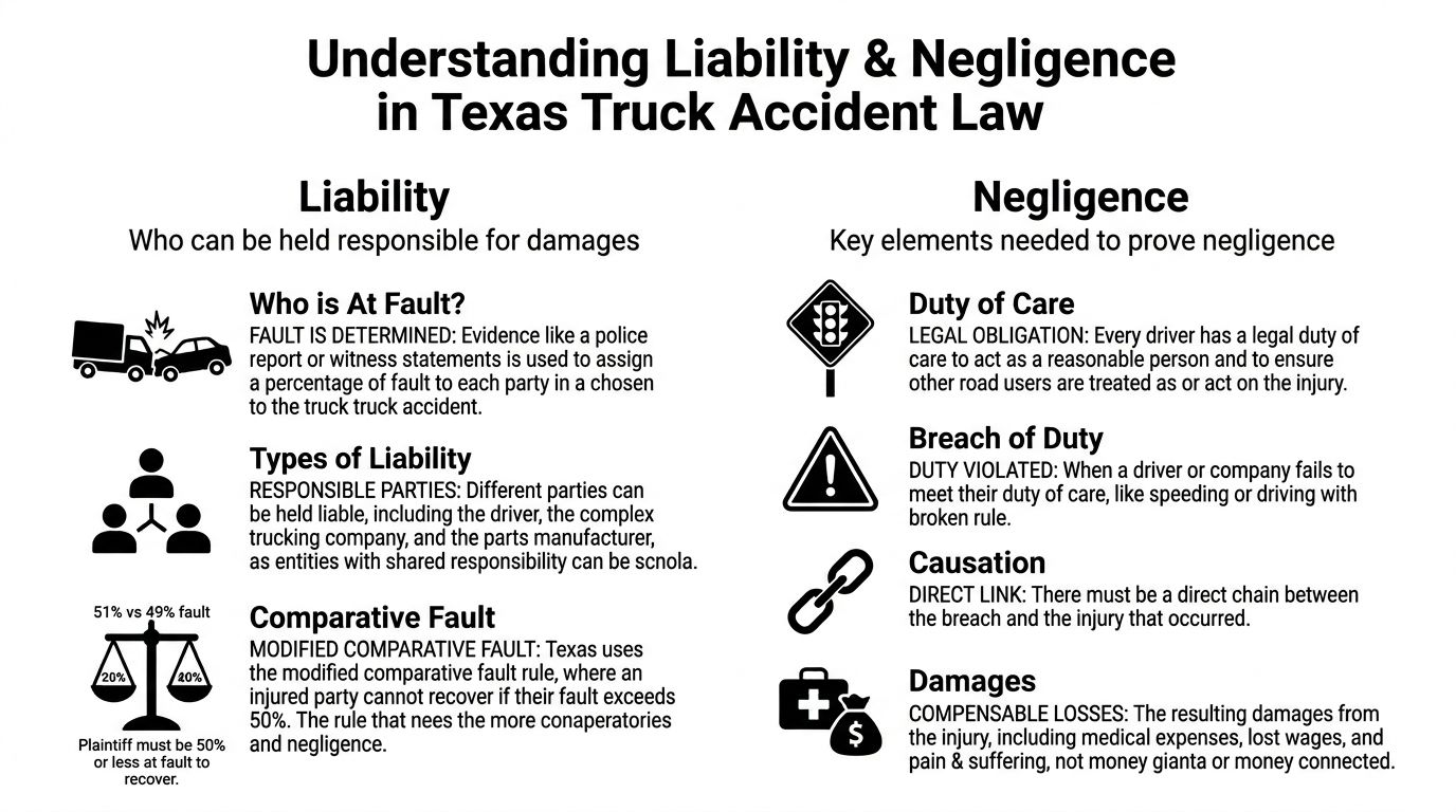 An infographic explaining liability and negligence in Texas truck accident law including legal concepts and recovery rules.