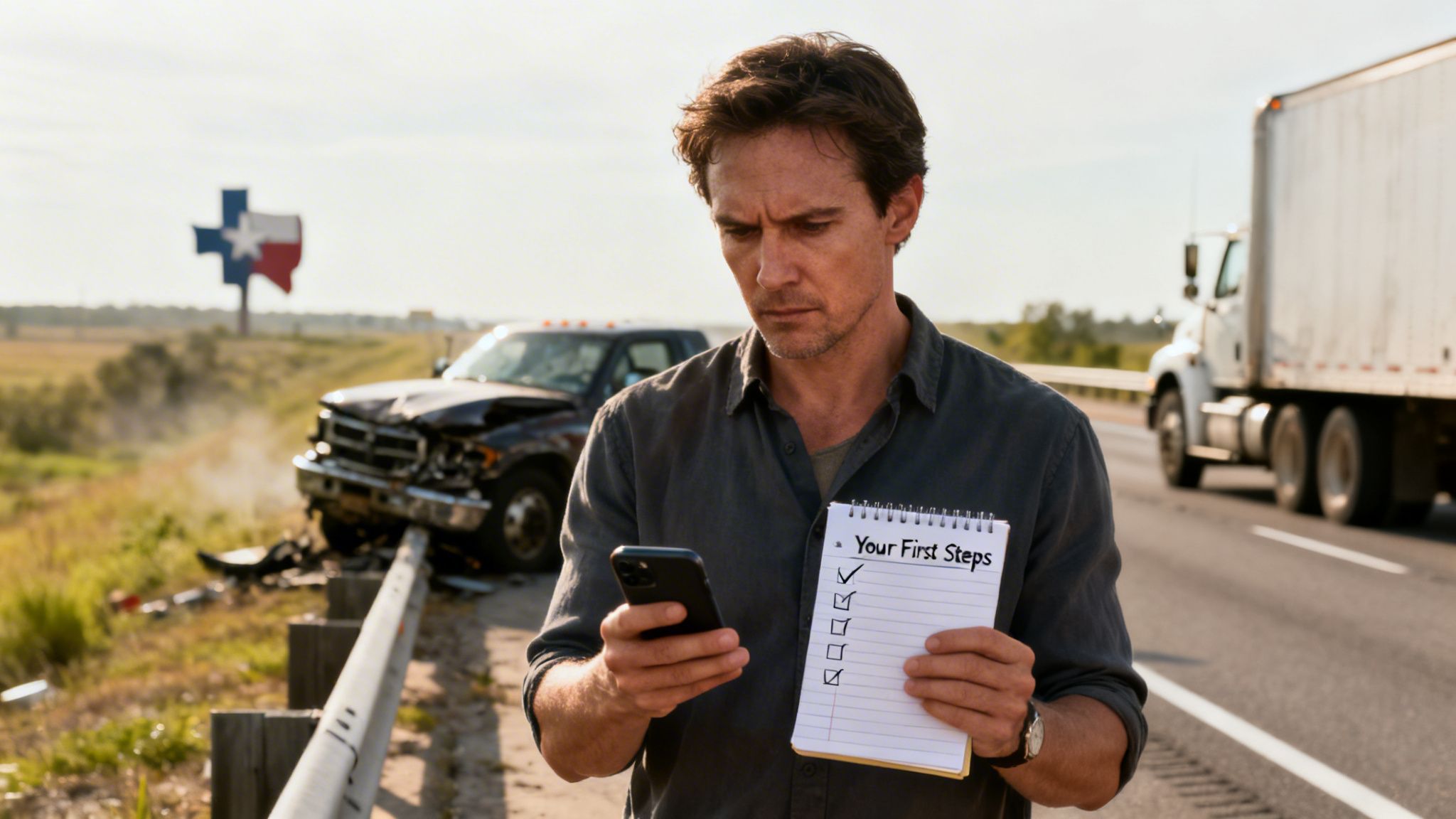 A man stands on a highway by a car wreck holding a checklist titled Your First Steps