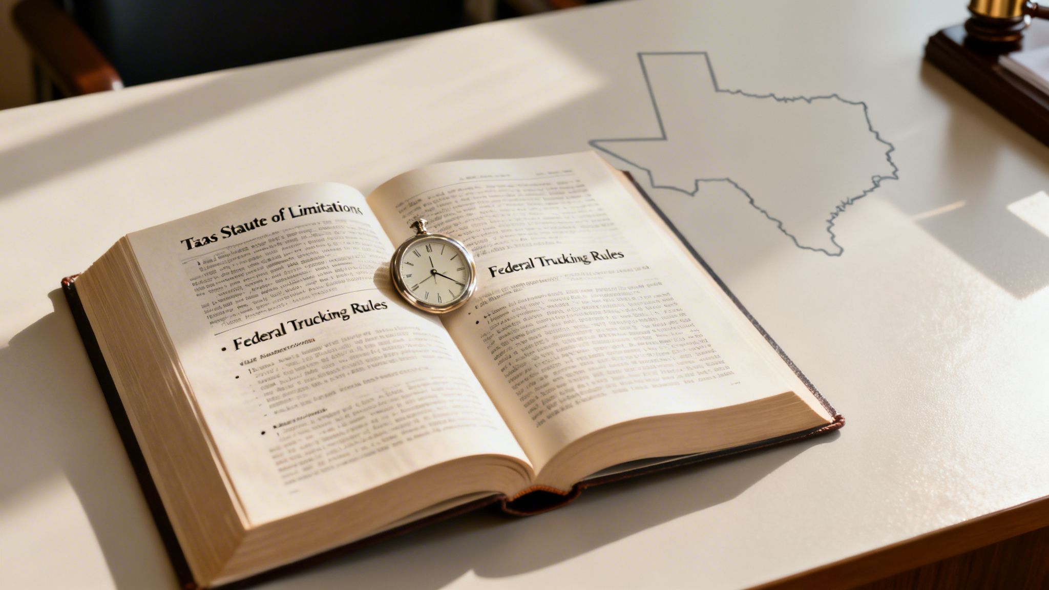 A law book featuring federal trucking rules and a pocket watch resting on a desk with Texas.