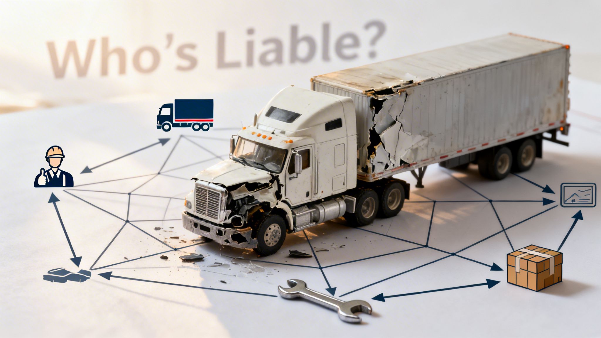 A damaged toy semi-truck positioned on a diagram with various icons representing legal liability in accidents.