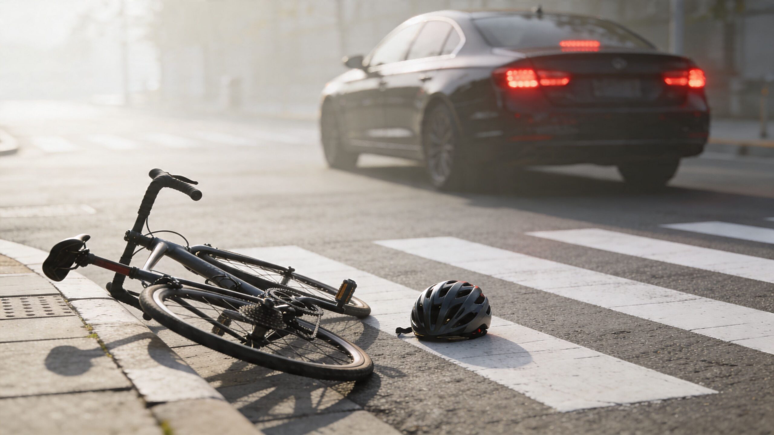 An abandoned bicycle and a protective helmet lying on a crosswalk near a black car.