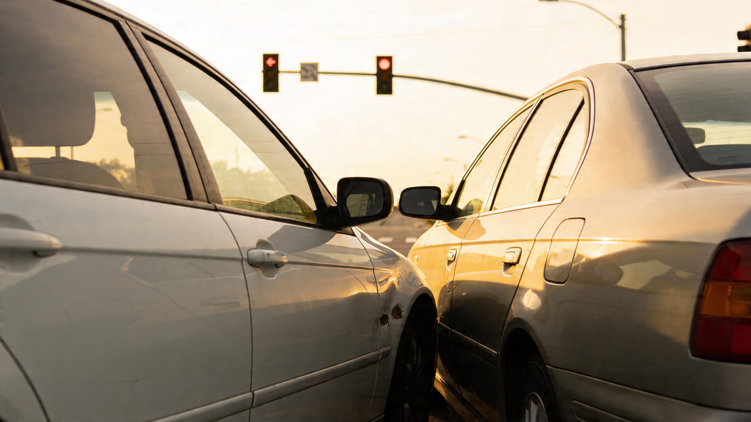 A close-up view of two silver cars stopped next to each other at a red traffic light.