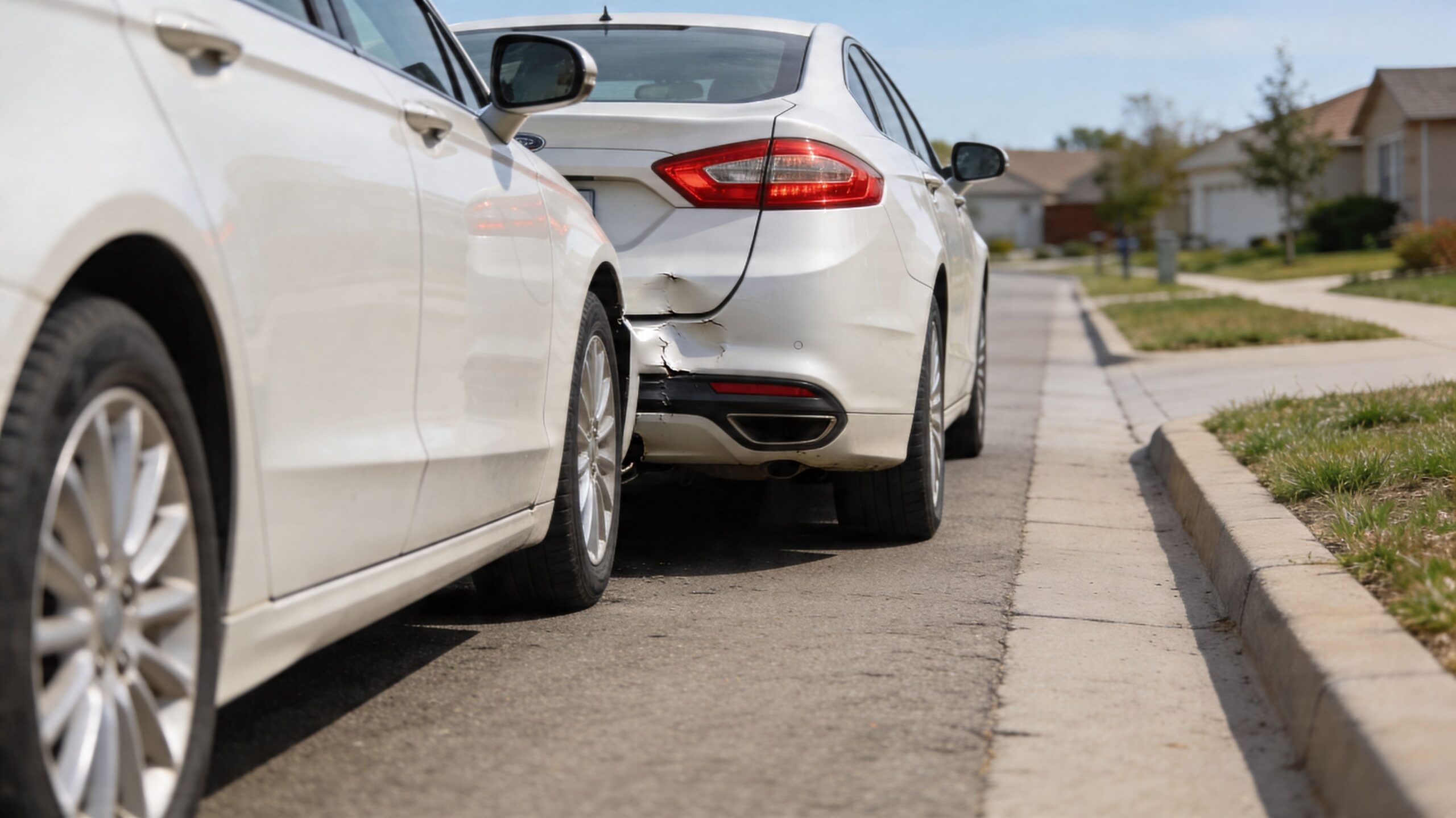 A close-up view of two white cars involved in a rear-end collision on a suburban street.