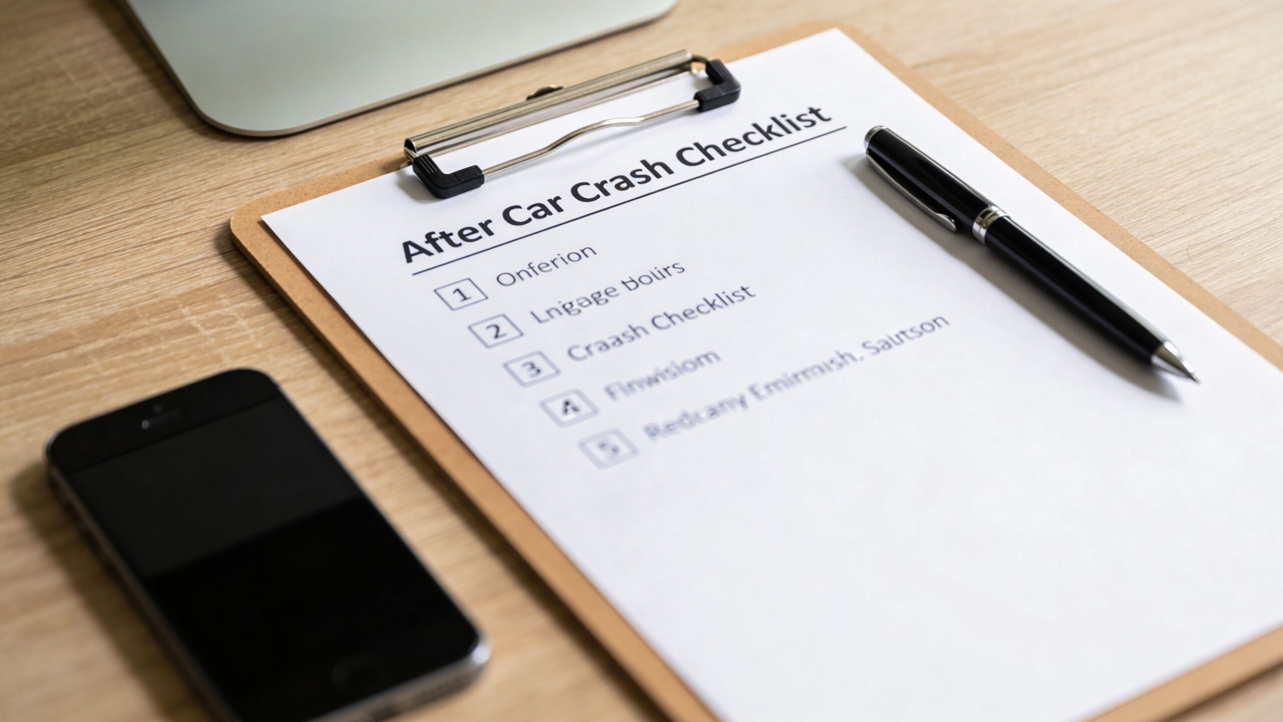 A clipboard with an After Car Crash Checklist on a wooden desk next to a smartphone.