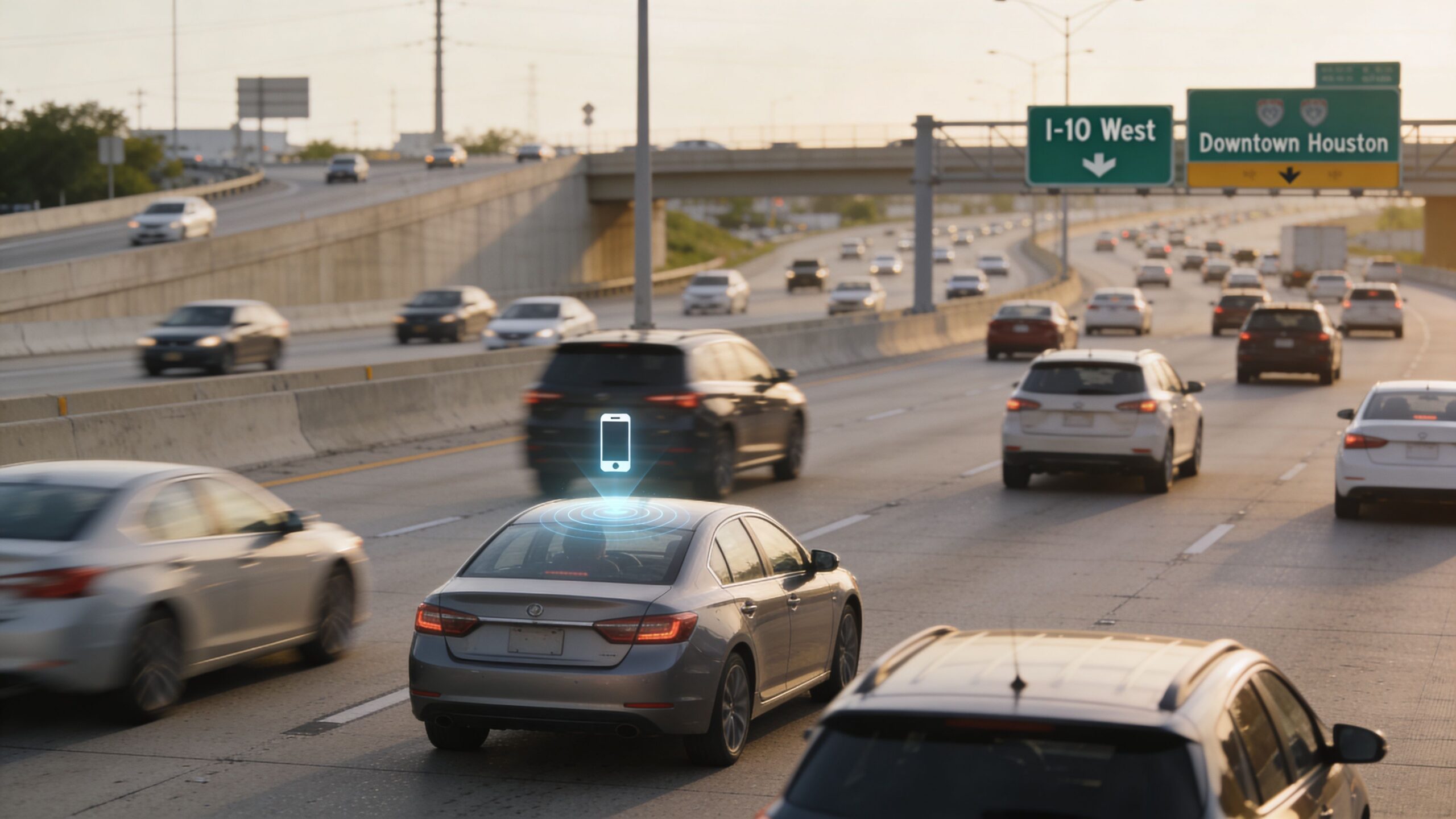 A silver car driving on a busy highway with a digital smartphone icon hovering above its roof.