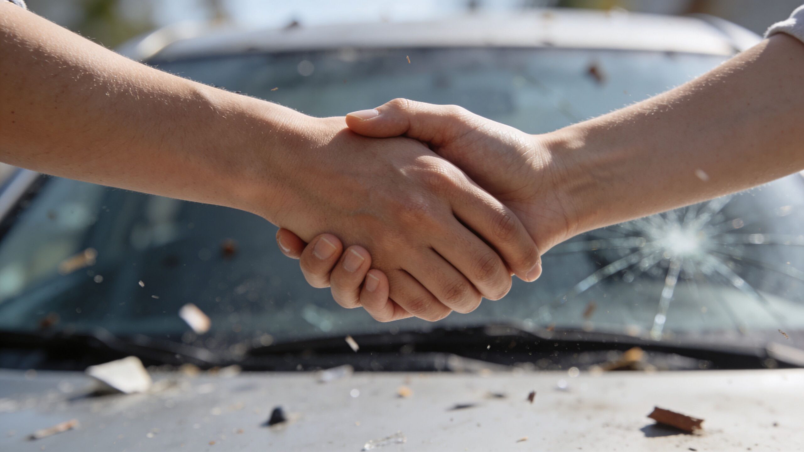 Two people shaking hands in front of a car with a shattered windshield after an accident.
