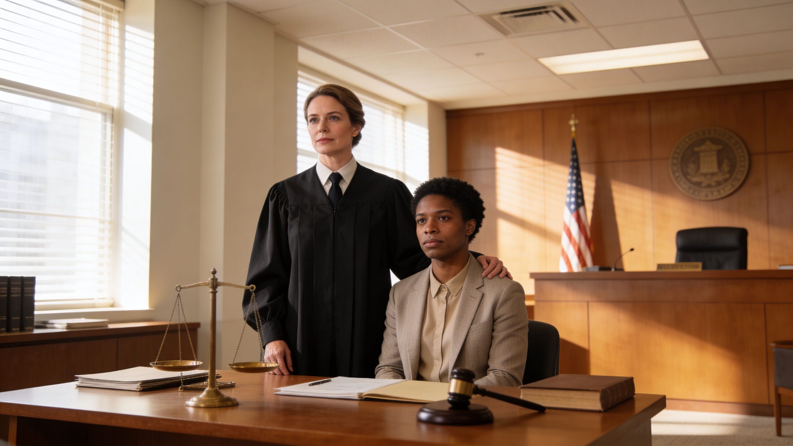 A female judge with her hand on a woman's shoulder inside a courtroom with legal props.