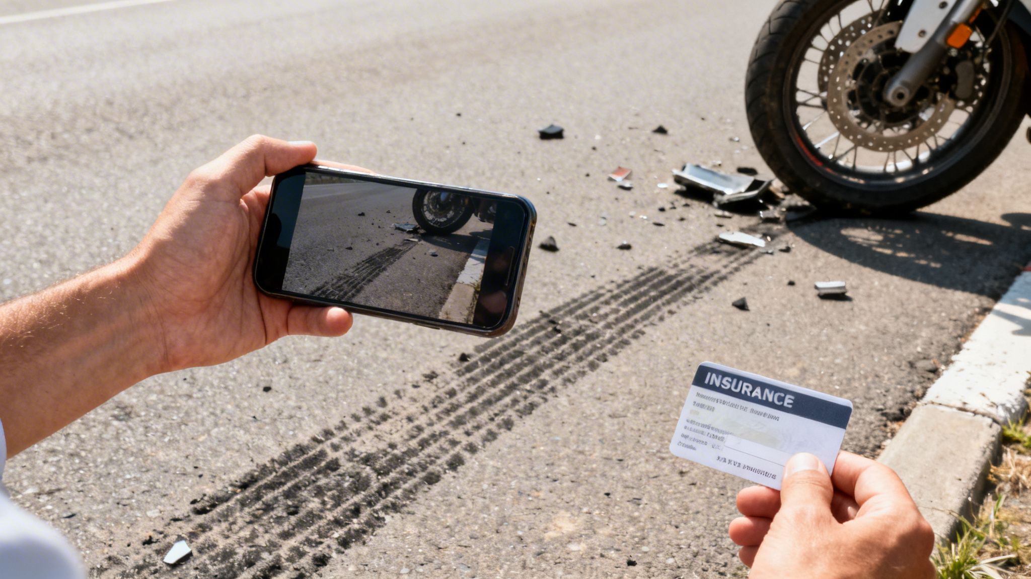 A person uses a smartphone to photograph a motorcycle accident scene with tire marks and debris, holding an insurance card.