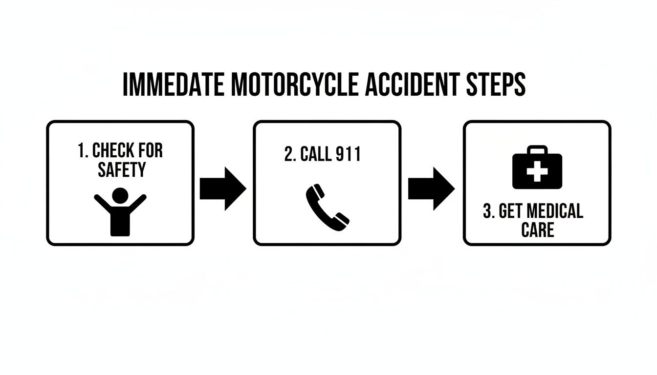 A clear flowchart outlining immediate steps to take after a motorcycle accident: check safety, call 911, and get medical care.