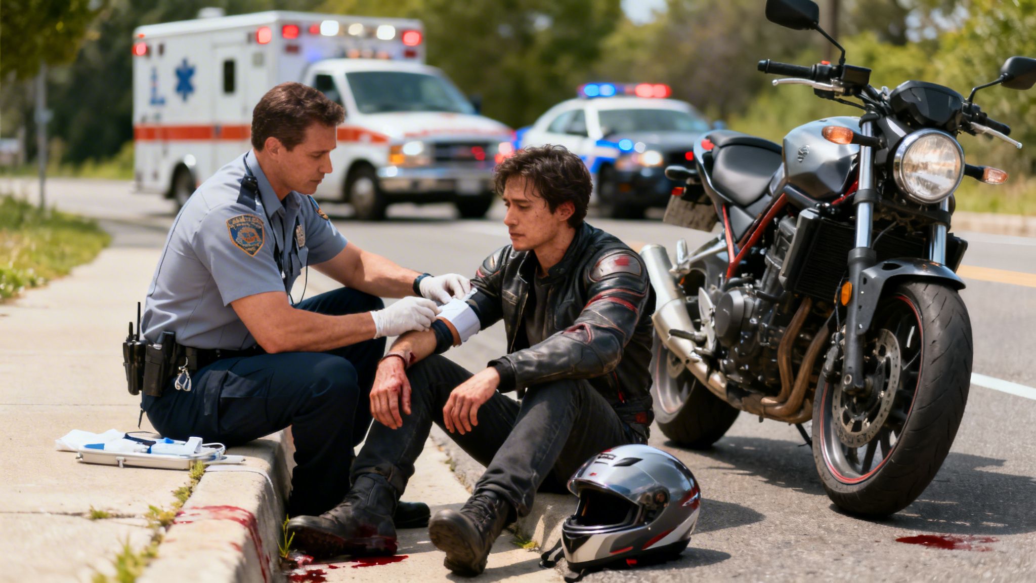 A police officer assists an injured motorcyclist by bandaging his arm after an accident, with an ambulance and police car in the background.