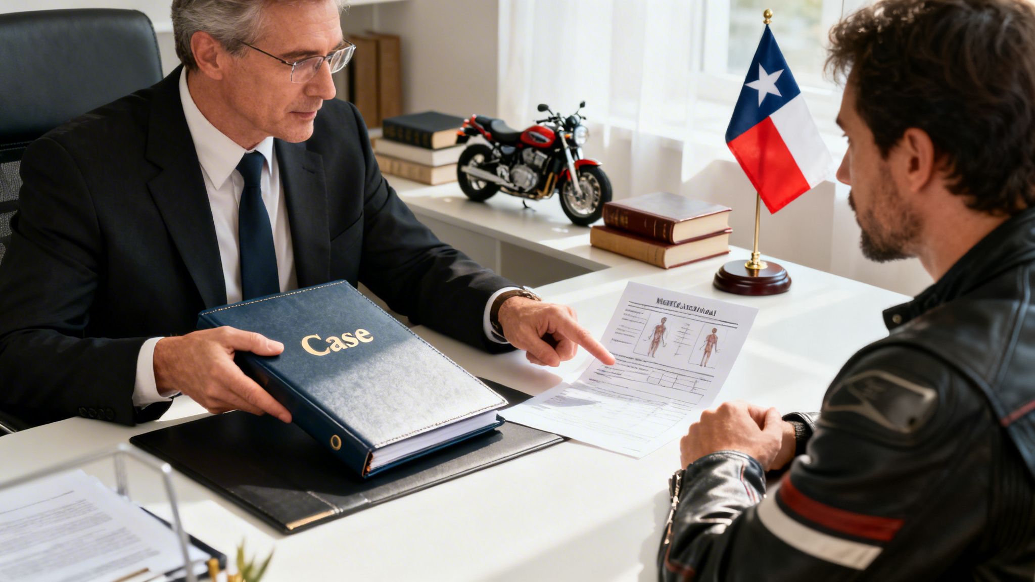 A lawyer discusses a case with a client, pointing to an anatomical document, possibly after a motorcycle accident.