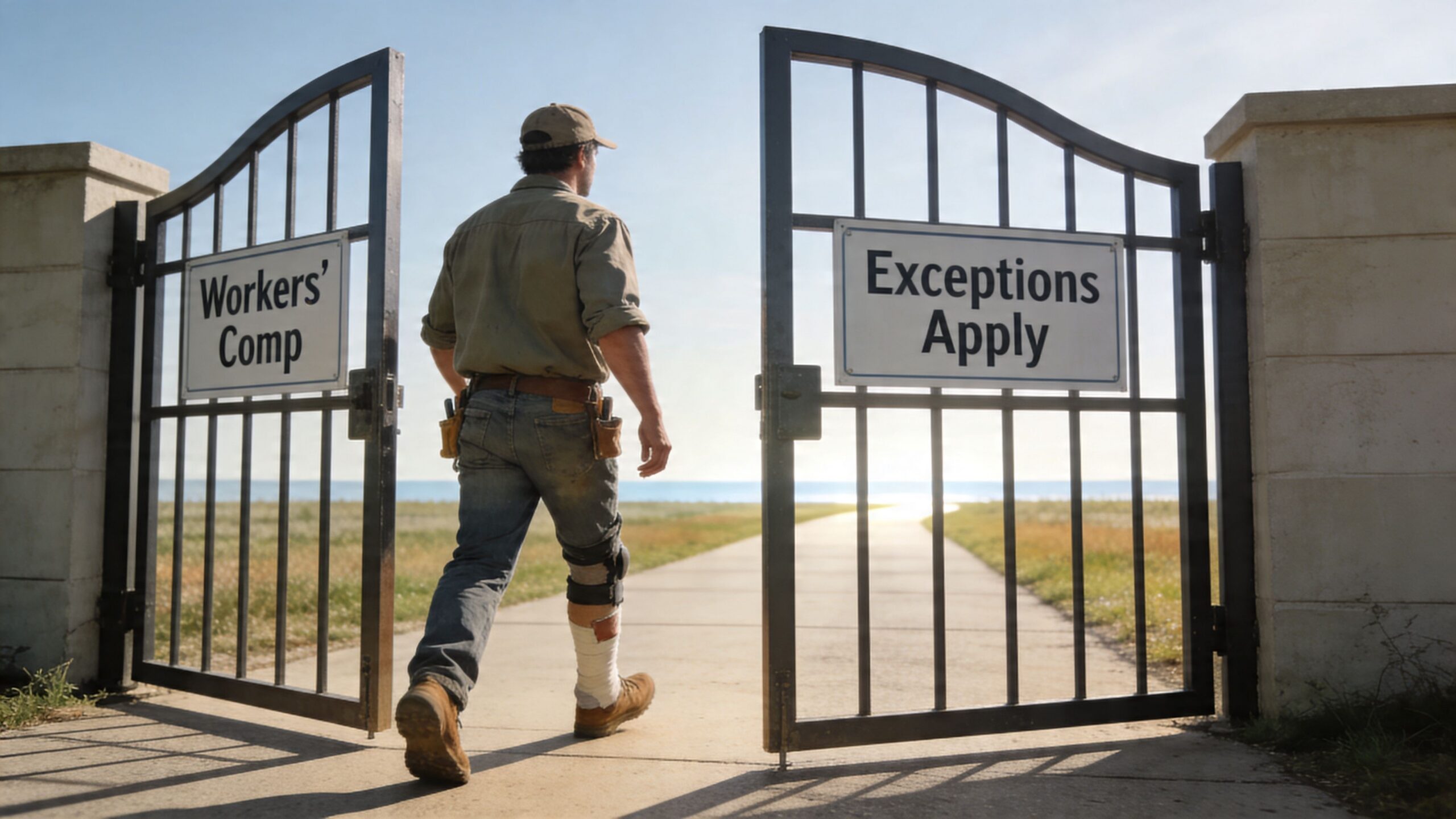 An injured construction worker walking through an open gate with signs about workers compensation and exceptions.