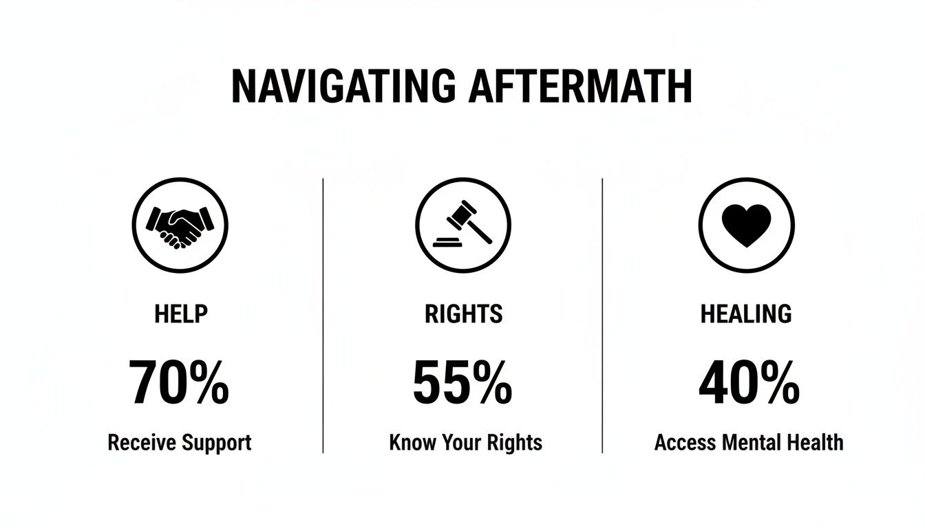 Infographic on navigating aftermath: 70% receive support, 55% know rights, and 40% access mental health.