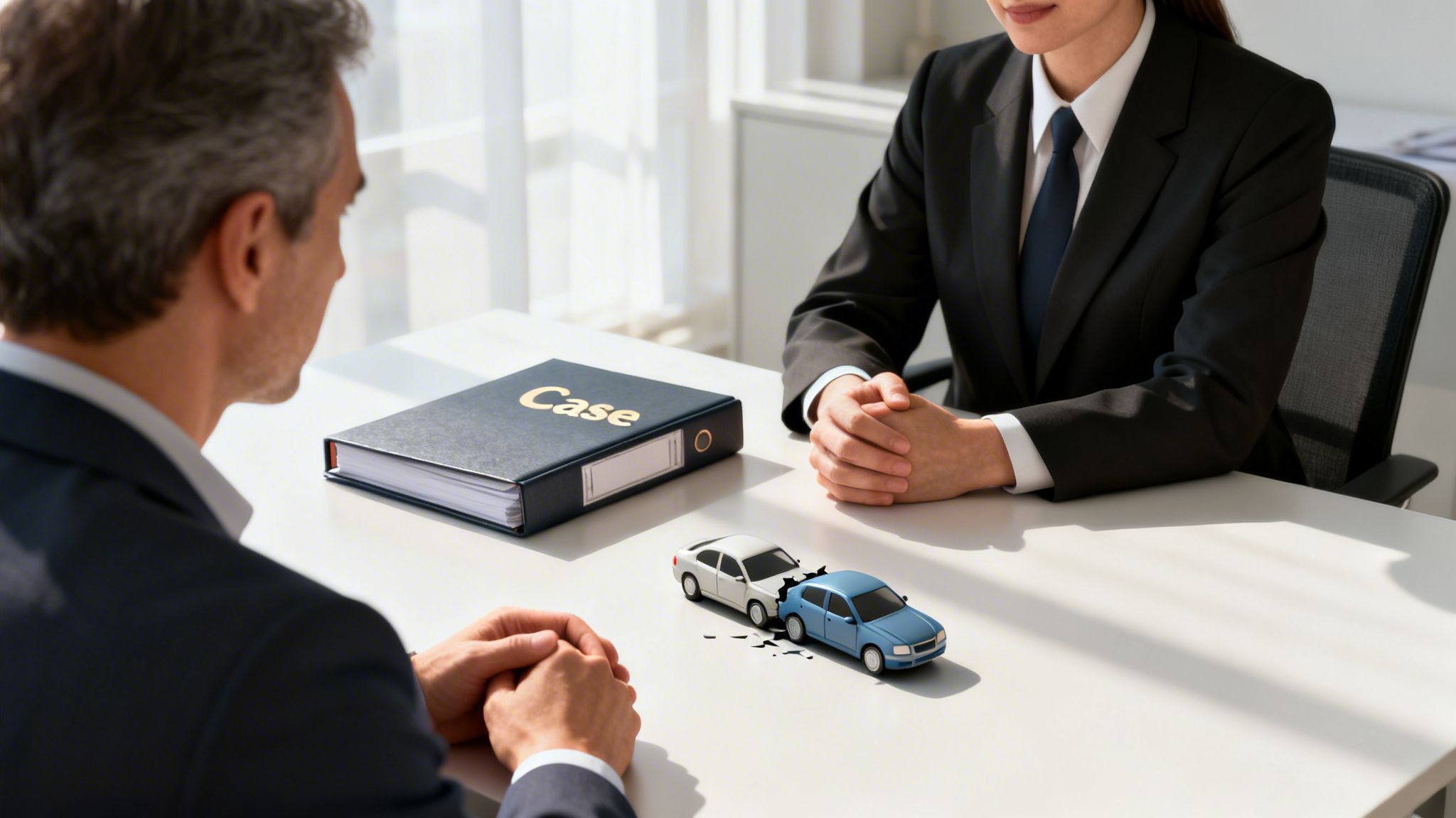 Two individuals discussing a car accident case, represented by toy cars and a "Case" file on a table.