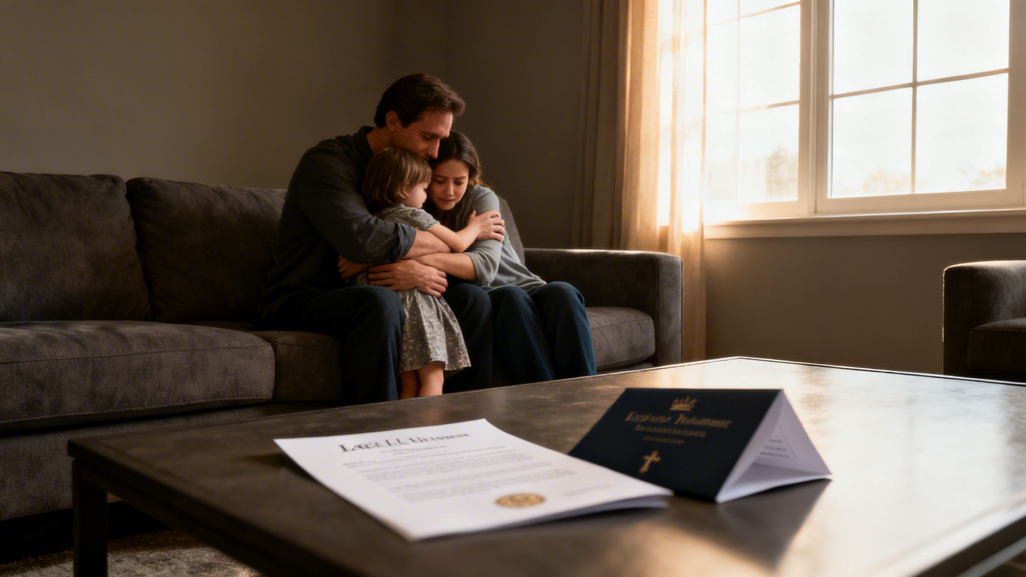 A grieving family, a father, mother, and child, comfort each other on a sofa, with legal documents on the coffee table.