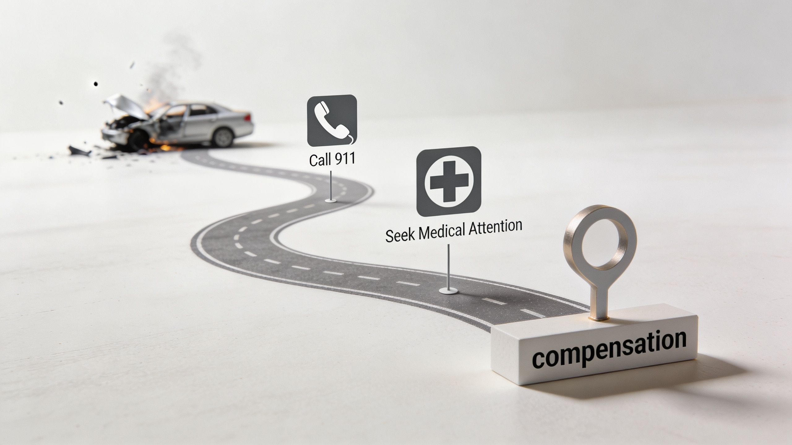A conceptual road illustration showing steps from a car accident to receiving legal compensation for injuries.