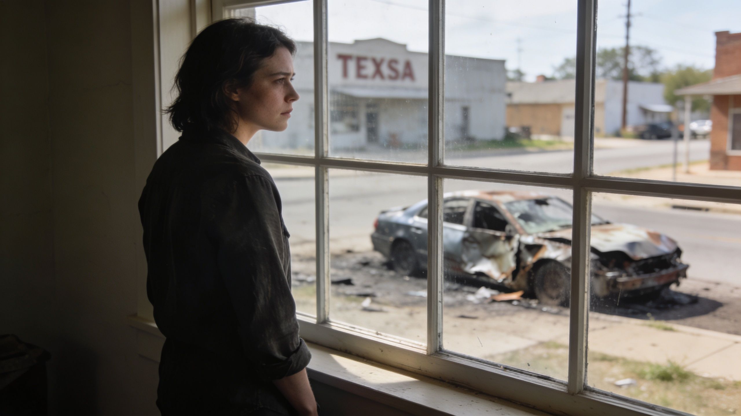 A woman looks through a window at a destroyed car on a street in rural Texas.