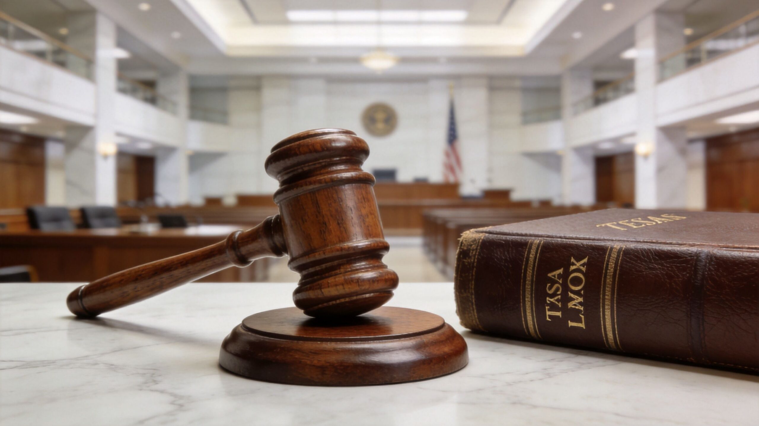 A wooden judge gavel and a law book resting on a white marble table in a courtroom.