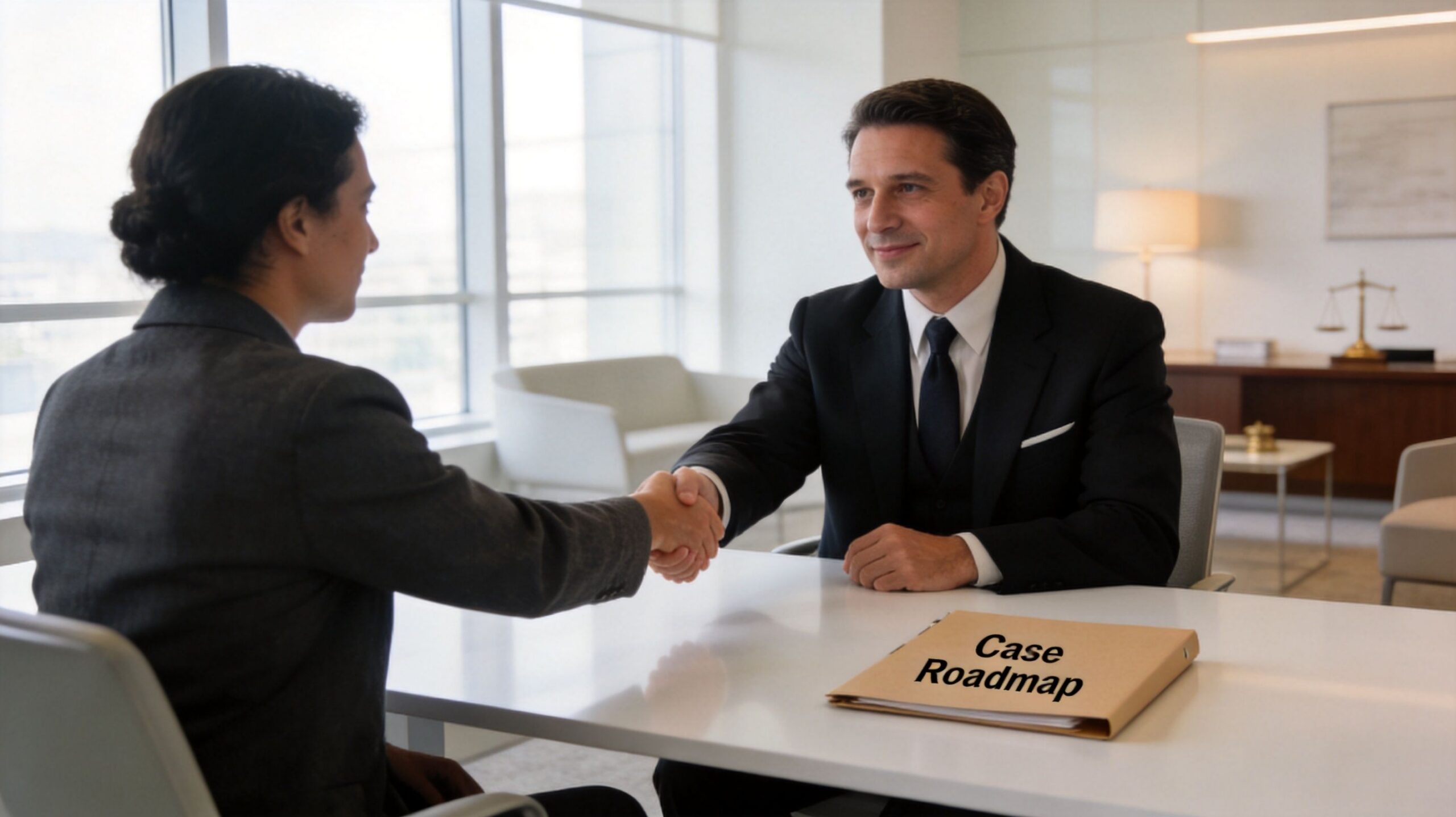 A professional man and woman shaking hands across a desk with a Case Roadmap folder in office.