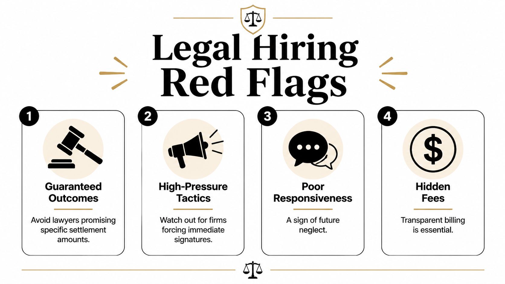 An infographic titled Legal Hiring Red Flags, listing four warning signs when choosing a law firm.