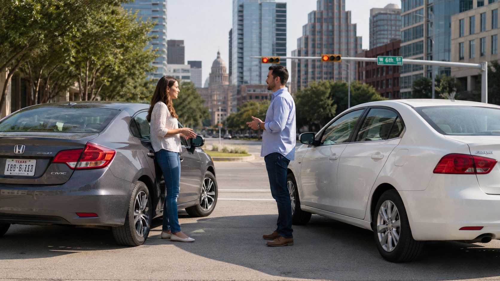 A man and woman standing by their cars after a minor traffic collision in a city street.