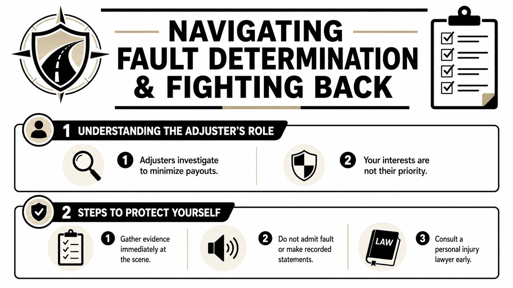 An infographic titled Navigating Fault Determination and Fighting Back explaining insurance adjuster roles and protective legal steps.