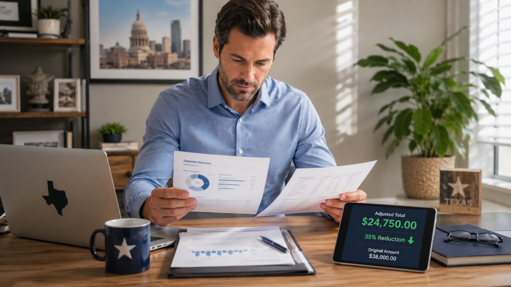 A professional man reviewing financial settlement documents in a Texas-themed home office with a laptop and tablet.