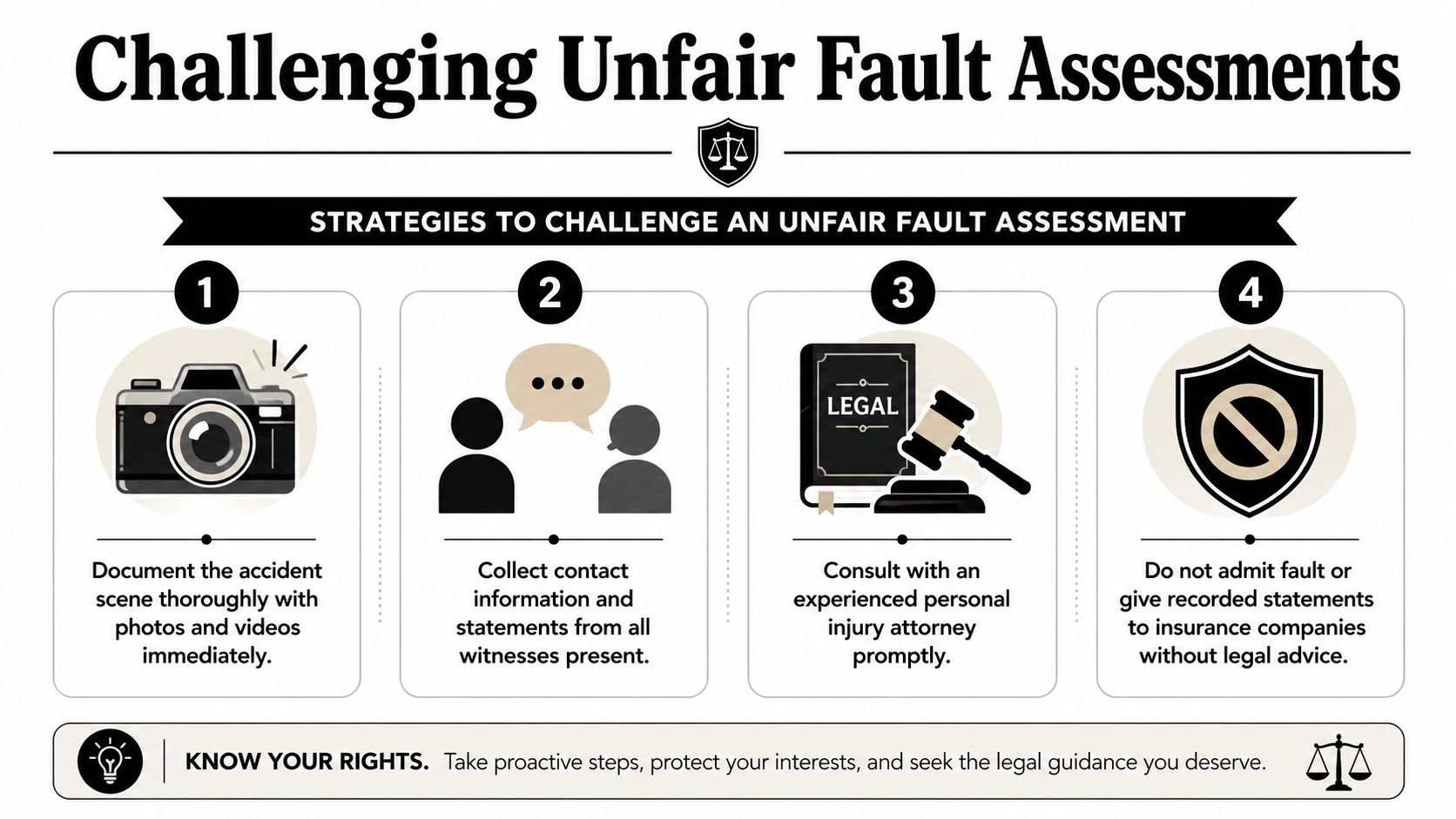 A four-step infographic showing how to challenge an unfair fault assessment after a vehicle accident.
