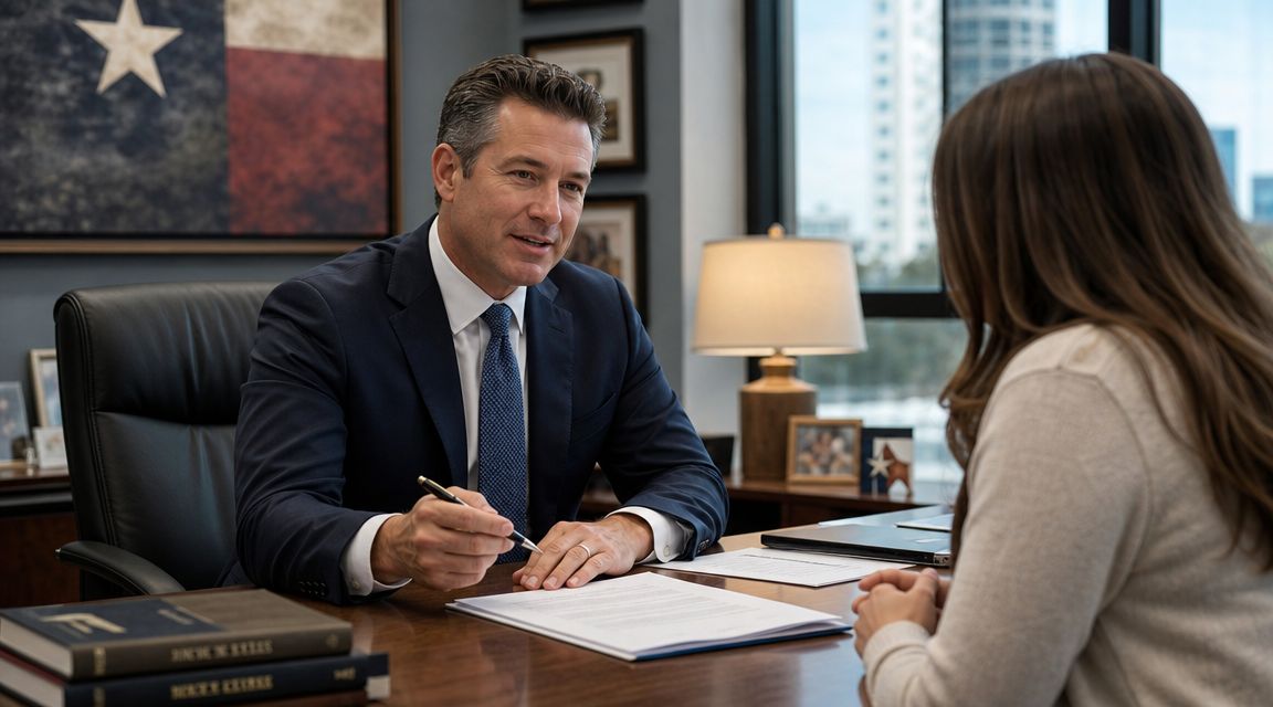 A professional man in a suit discussing legal documents with a client in a law office.