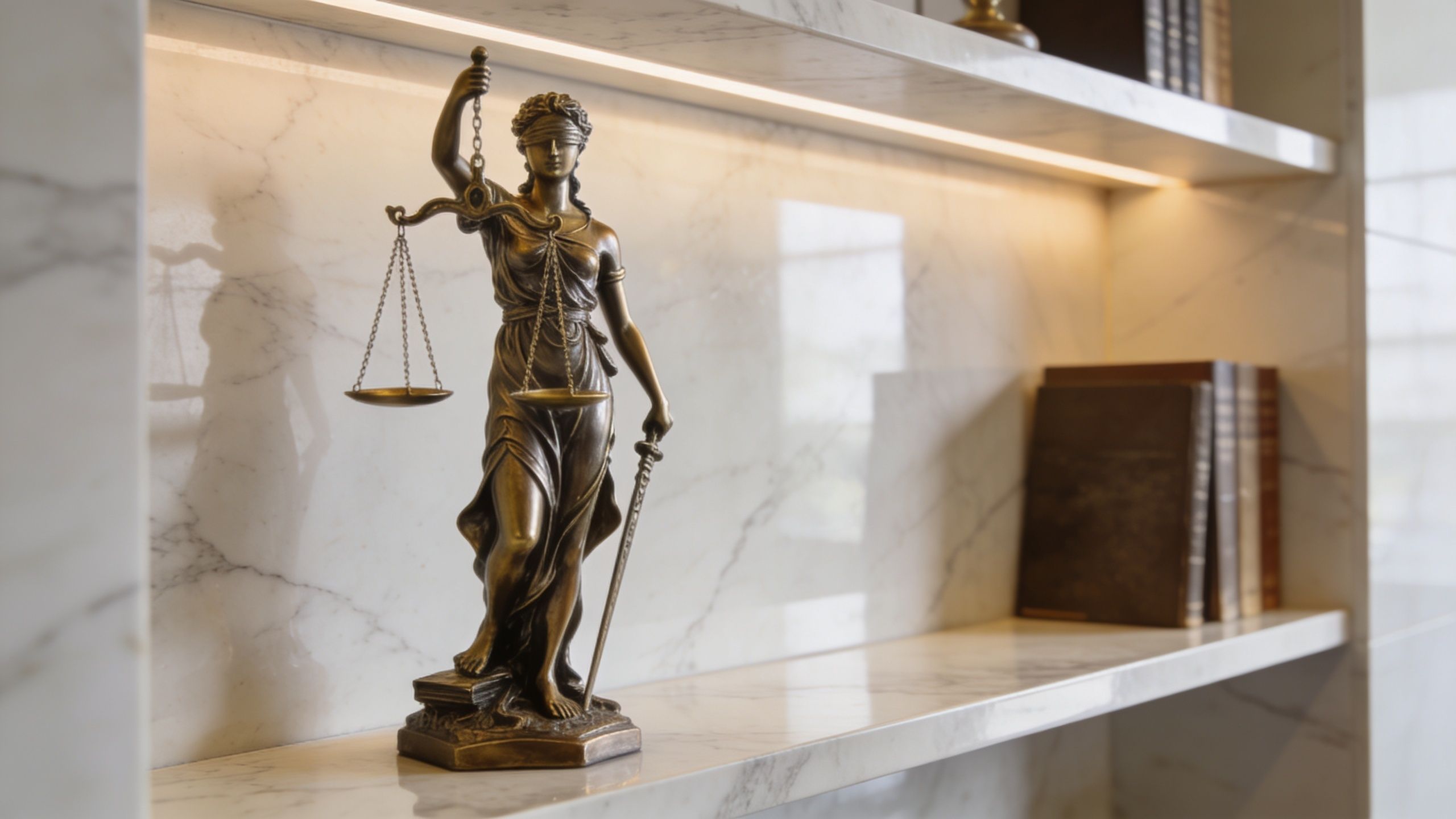 A bronze statue of Lady Justice with scales and a sword displayed on a marble shelf.